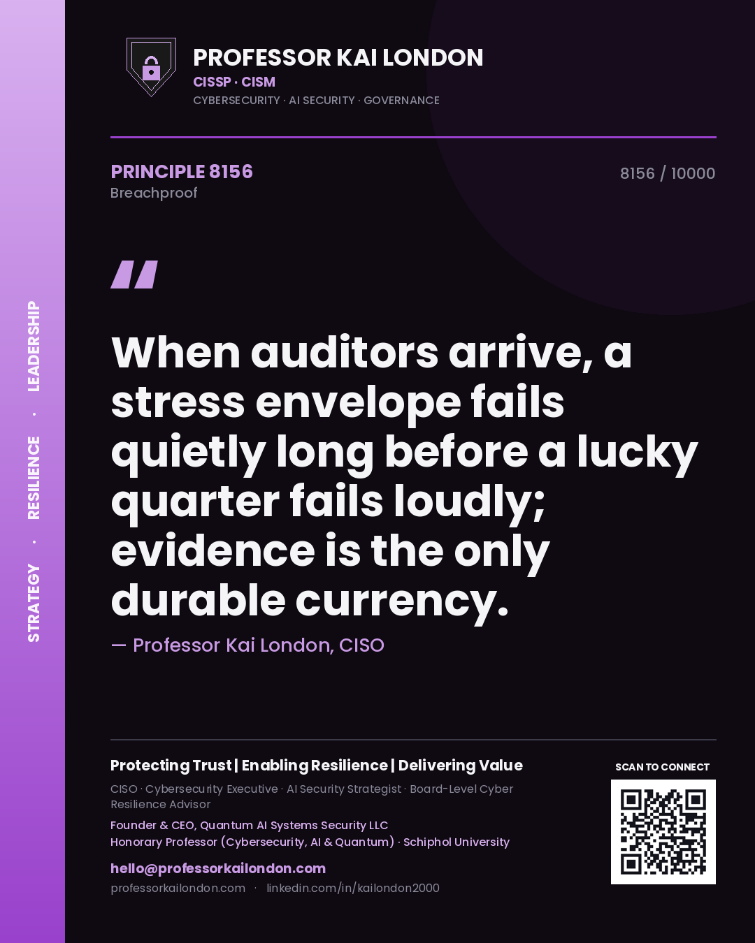Quote card by Professor Kai London reading 'When auditors arrive, a stress envelope fails quietly long before a lucky quarter fails loudly; evidence is the only durable currency.'. From the book Breachproof.