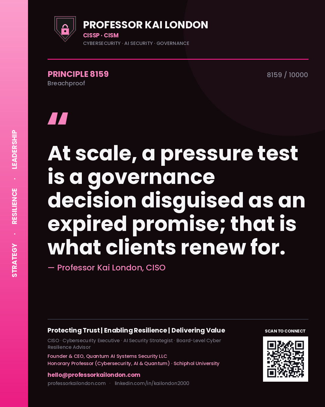 Quote card by Professor Kai London reading 'At scale, a pressure test is a governance decision disguised as an expired promise; that is what clients renew for.'. From the book Breachproof.