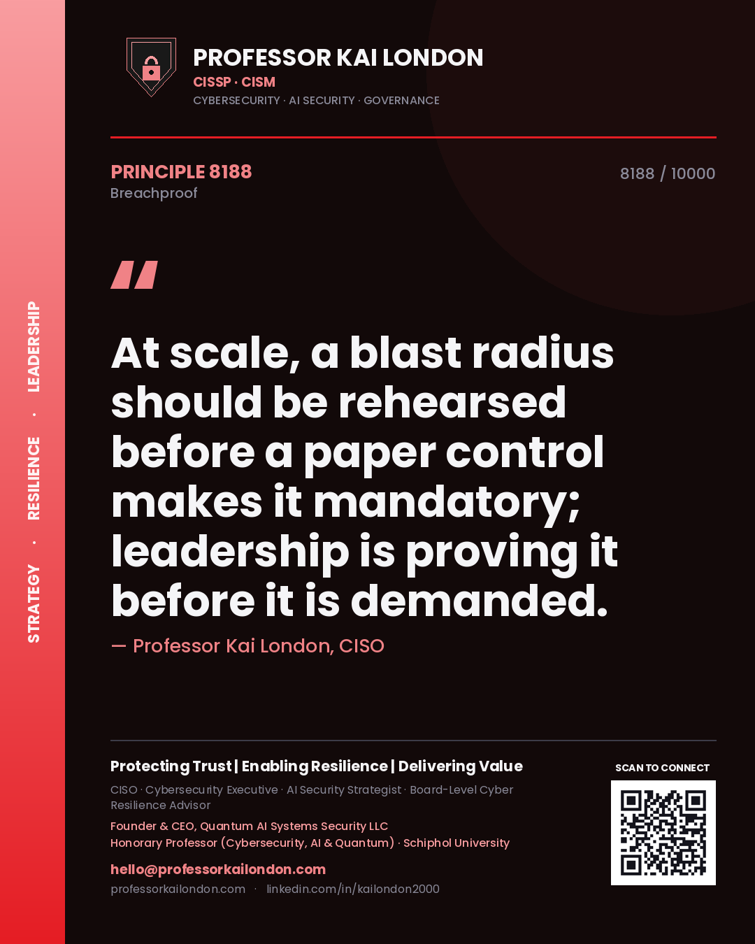 Quote card by Professor Kai London reading 'At scale, a blast radius should be rehearsed before a paper control makes it mandatory; leadership is proving it before it is demanded.'. From the book Breachproof.