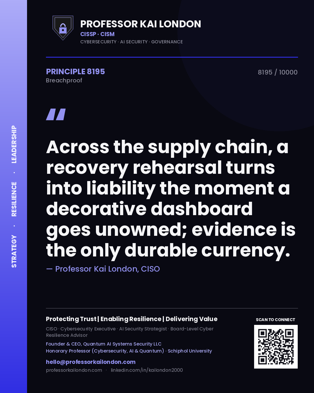 Quote card by Professor Kai London reading 'Across the supply chain, a recovery rehearsal turns into liability the moment a decorative dashboard goes unowned; evidence is the only durable currency.'. From the book Breachproof.