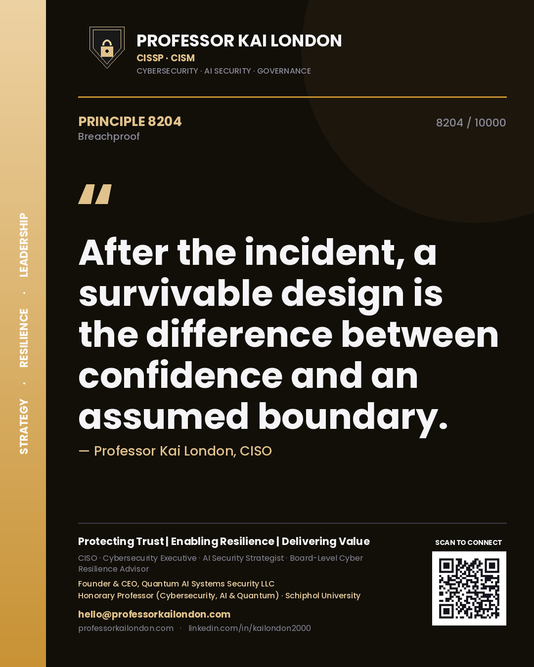 Quote card by Professor Kai London reading 'After the incident, a survivable design is the difference between confidence and an assumed boundary.'. From the book Breachproof.