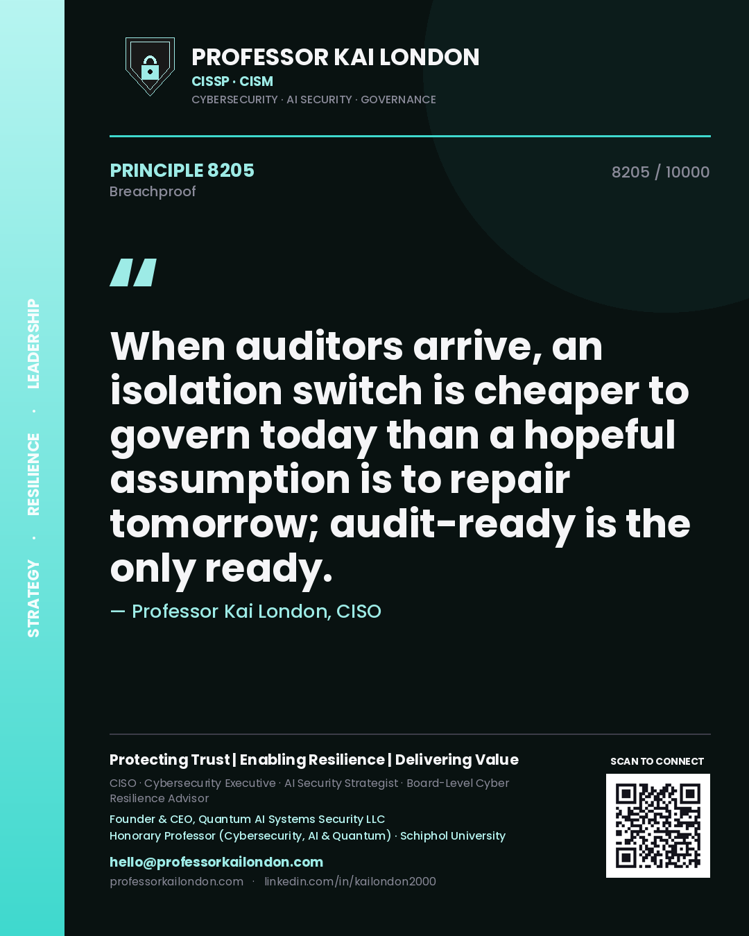 Quote card by Professor Kai London reading 'When auditors arrive, an isolation switch is cheaper to govern today than a hopeful assumption is to repair tomorrow; audit-ready is the only ready.'. From the book Breachproof.