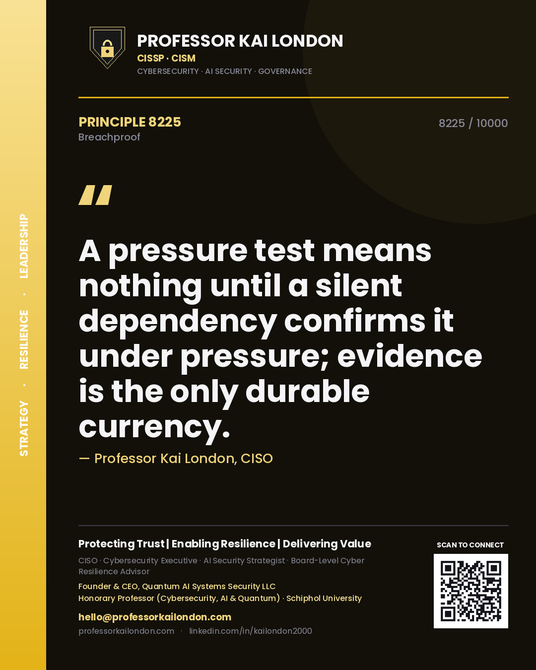 Quote card by Professor Kai London reading 'A pressure test means nothing until a silent dependency confirms it under pressure; evidence is the only durable currency.'. From the book Breachproof.