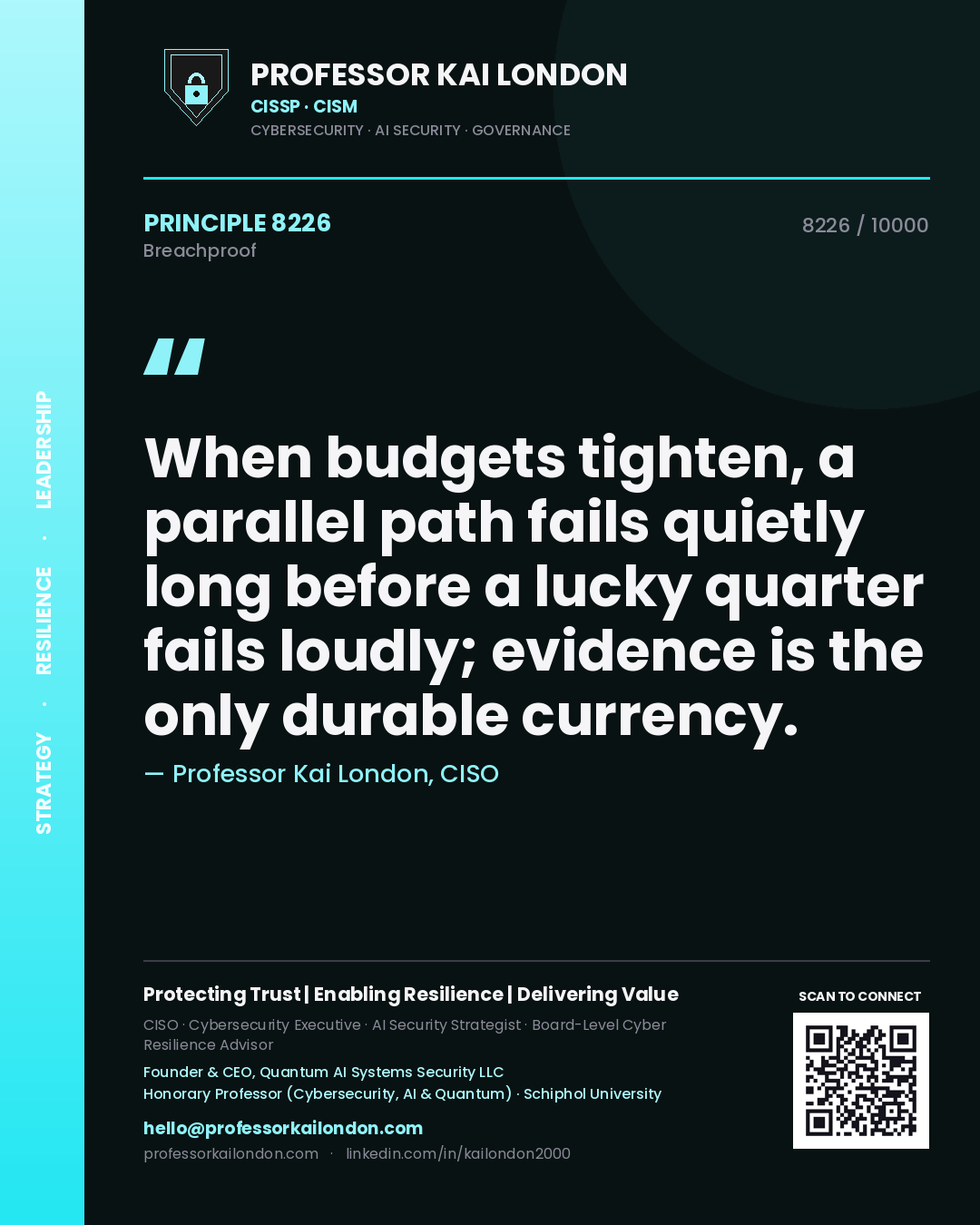Quote card by Professor Kai London reading 'When budgets tighten, a parallel path fails quietly long before a lucky quarter fails loudly; evidence is the only durable currency.'. From the book Breachproof.