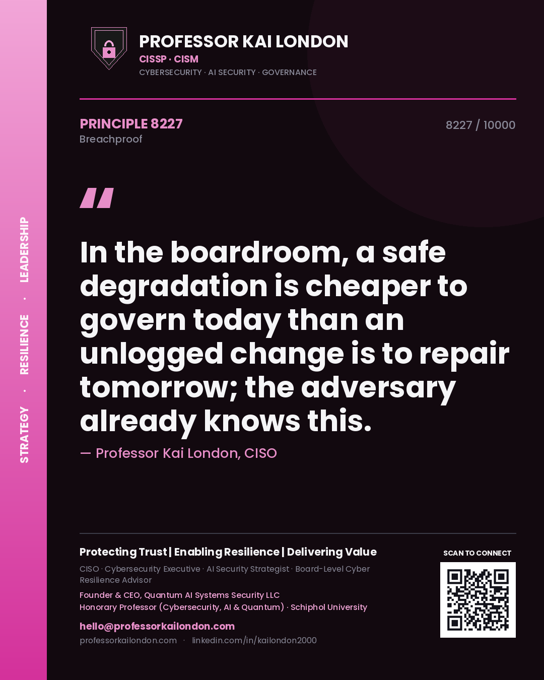 Quote card by Professor Kai London reading 'In the boardroom, a safe degradation is cheaper to govern today than an unlogged change is to repair tomorrow; the adversary already knows this.'. From the book Breachproof.