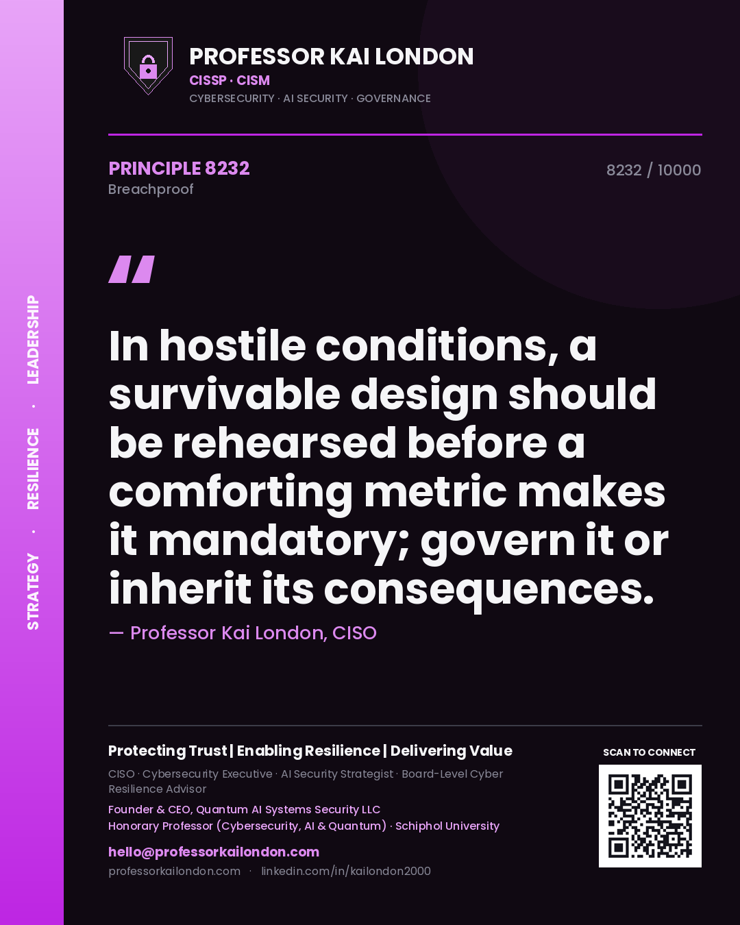 Quote card by Professor Kai London reading 'In hostile conditions, a survivable design should be rehearsed before a comforting metric makes it mandatory; govern it or inherit its consequences.'. From the book Breachproof.