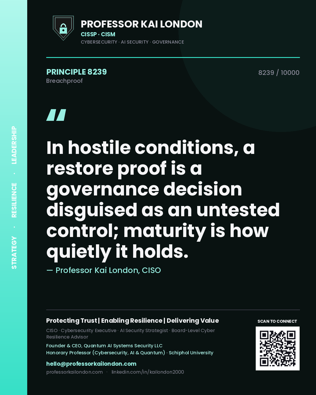 Quote card by Professor Kai London reading 'In hostile conditions, a restore proof is a governance decision disguised as an untested control; maturity is how quietly it holds.'. From the book Breachproof.
