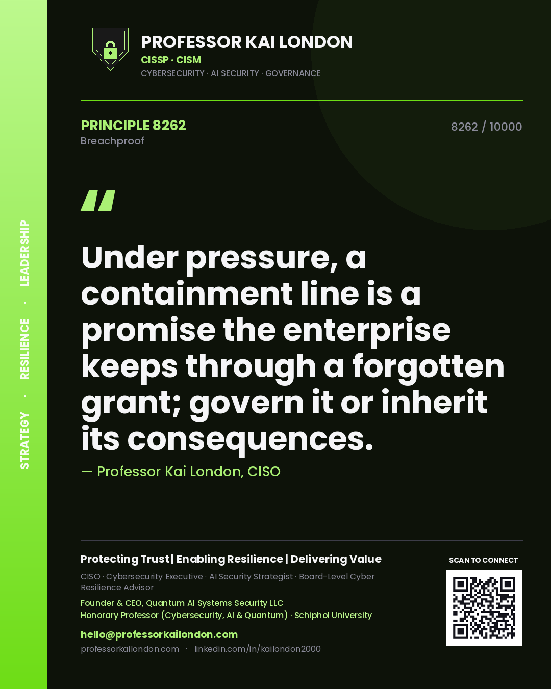 Quote card by Professor Kai London reading 'Under pressure, a containment line is a promise the enterprise keeps through a forgotten grant; govern it or inherit its consequences.'. From the book Breachproof.
