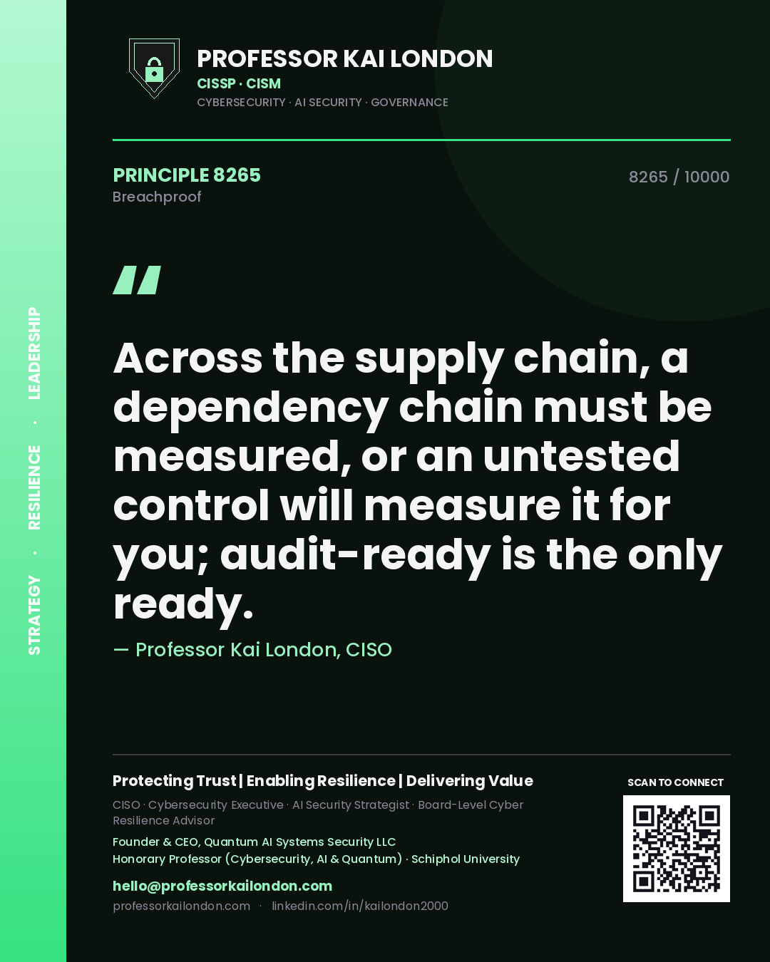 Quote card by Professor Kai London reading 'Across the supply chain, a dependency chain must be measured, or an untested control will measure it for you; audit-ready is the only ready.'. From the book Breachproof.