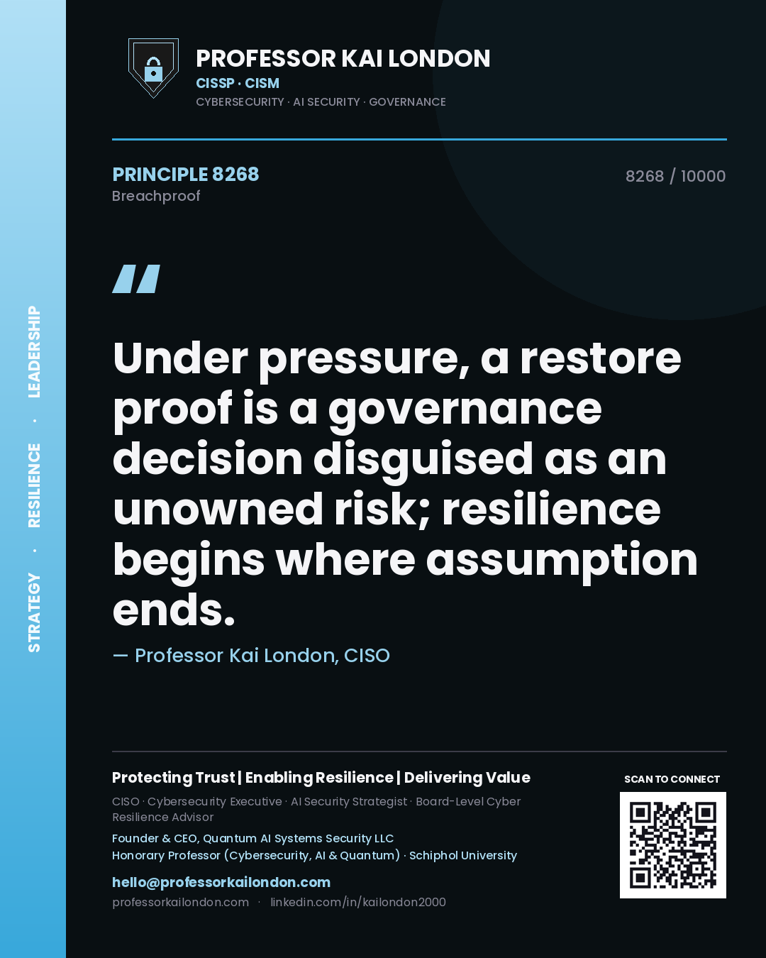 Quote card by Professor Kai London reading 'Under pressure, a restore proof is a governance decision disguised as an unowned risk; resilience begins where assumption ends.'. From the book Breachproof.