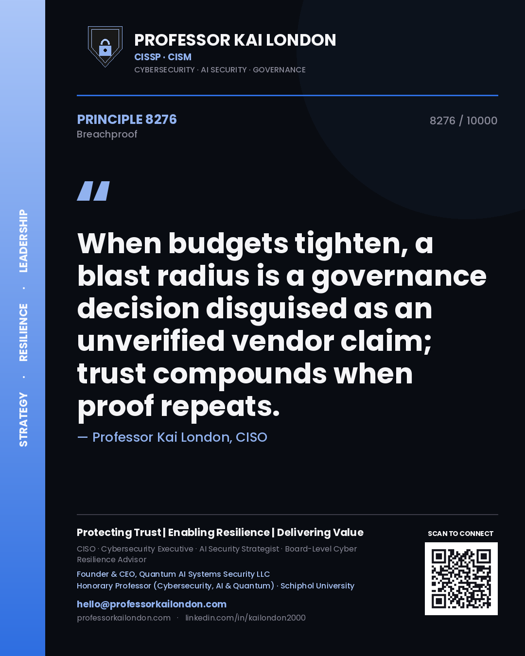 Quote card by Professor Kai London reading 'When budgets tighten, a blast radius is a governance decision disguised as an unverified vendor claim; trust compounds when proof repeats.'. From the book Breachproof.