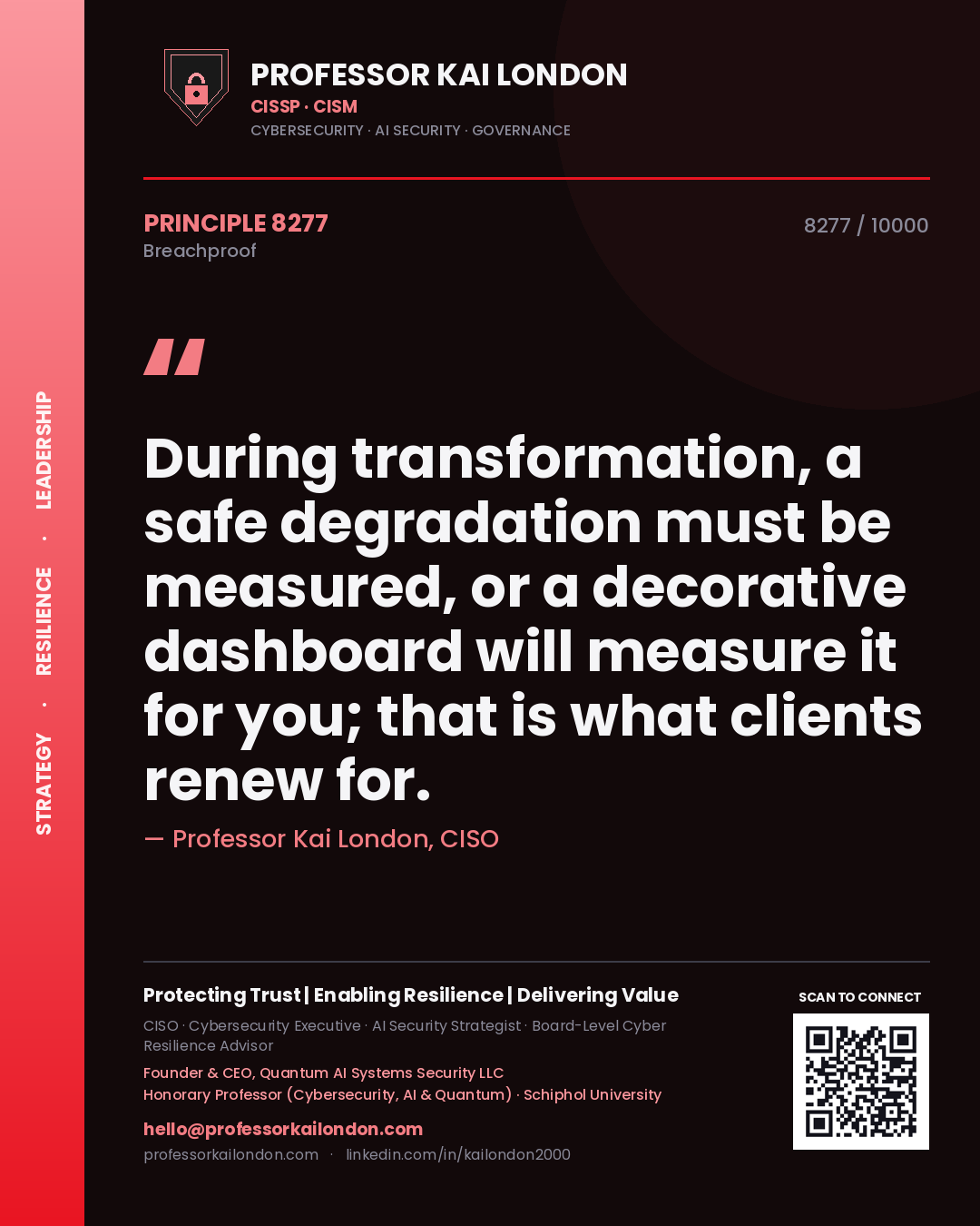 Quote card by Professor Kai London reading 'During transformation, a safe degradation must be measured, or a decorative dashboard will measure it for you; that is what clients renew for.'. From the book Breachproof.