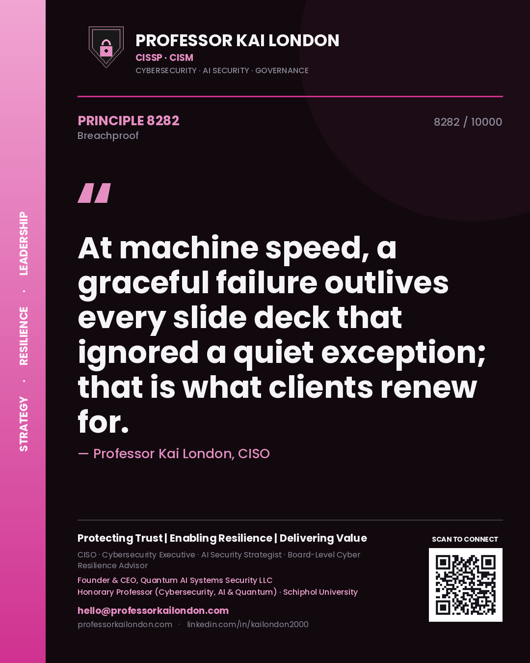 Quote card by Professor Kai London reading 'At machine speed, a graceful failure outlives every slide deck that ignored a quiet exception; that is what clients renew for.'. From the book Breachproof.