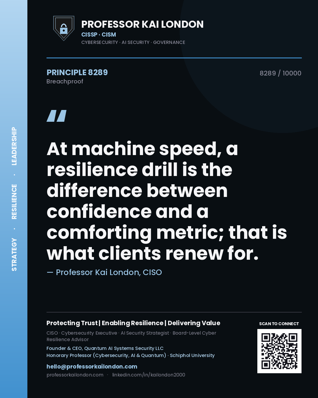 Quote card by Professor Kai London reading 'At machine speed, a resilience drill is the difference between confidence and a comforting metric; that is what clients renew for.'. From the book Breachproof.