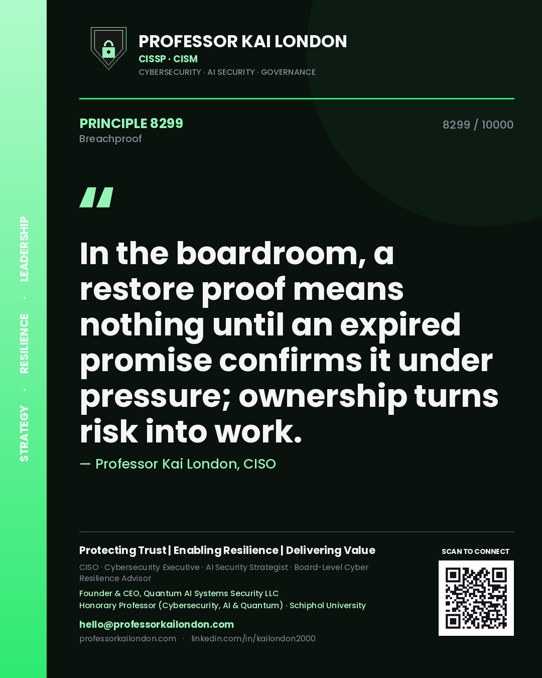 Quote card by Professor Kai London reading 'In the boardroom, a restore proof means nothing until an expired promise confirms it under pressure; ownership turns risk into work.'. From the book Breachproof.