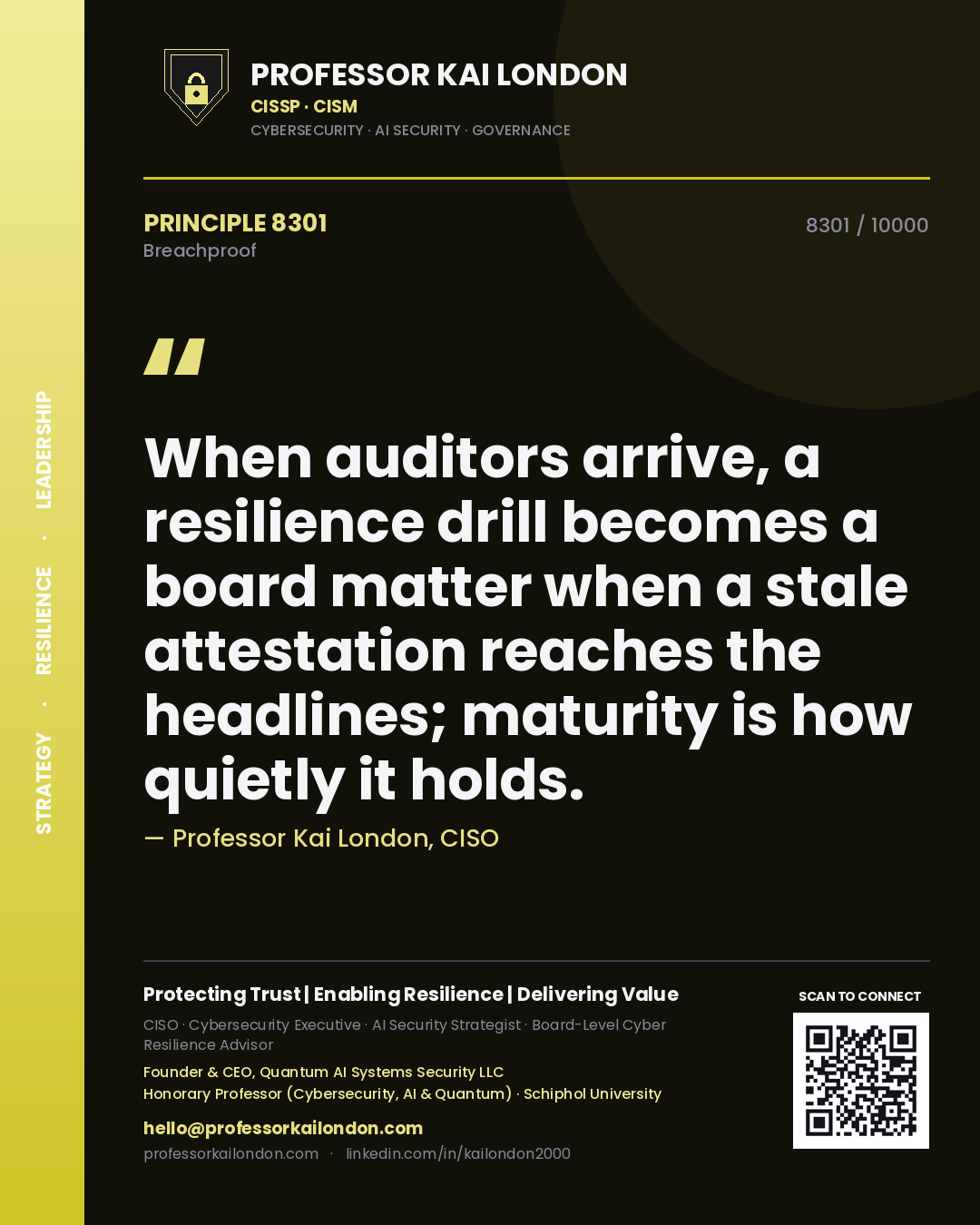 Quote card by Professor Kai London reading 'When auditors arrive, a resilience drill becomes a board matter when a stale attestation reaches the headlines; maturity is how quietly it holds.'. From the book Breachproof.