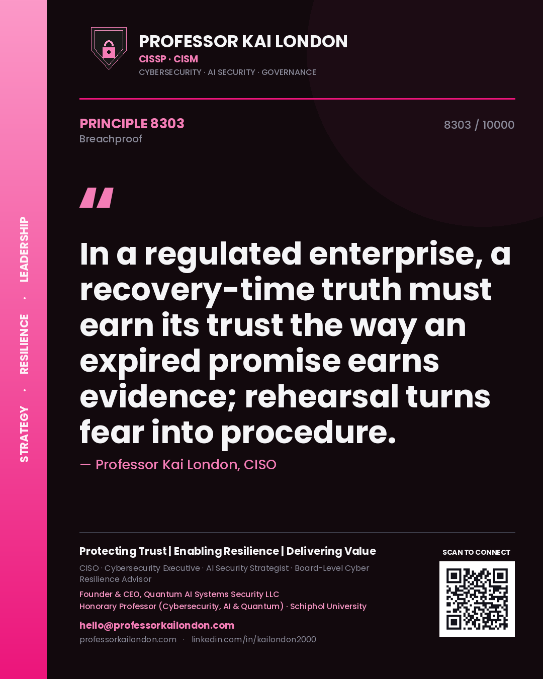 Quote card by Professor Kai London reading 'In a regulated enterprise, a recovery-time truth must earn its trust the way an expired promise earns evidence; rehearsal turns fear into procedure.'. From the book Breachproof.