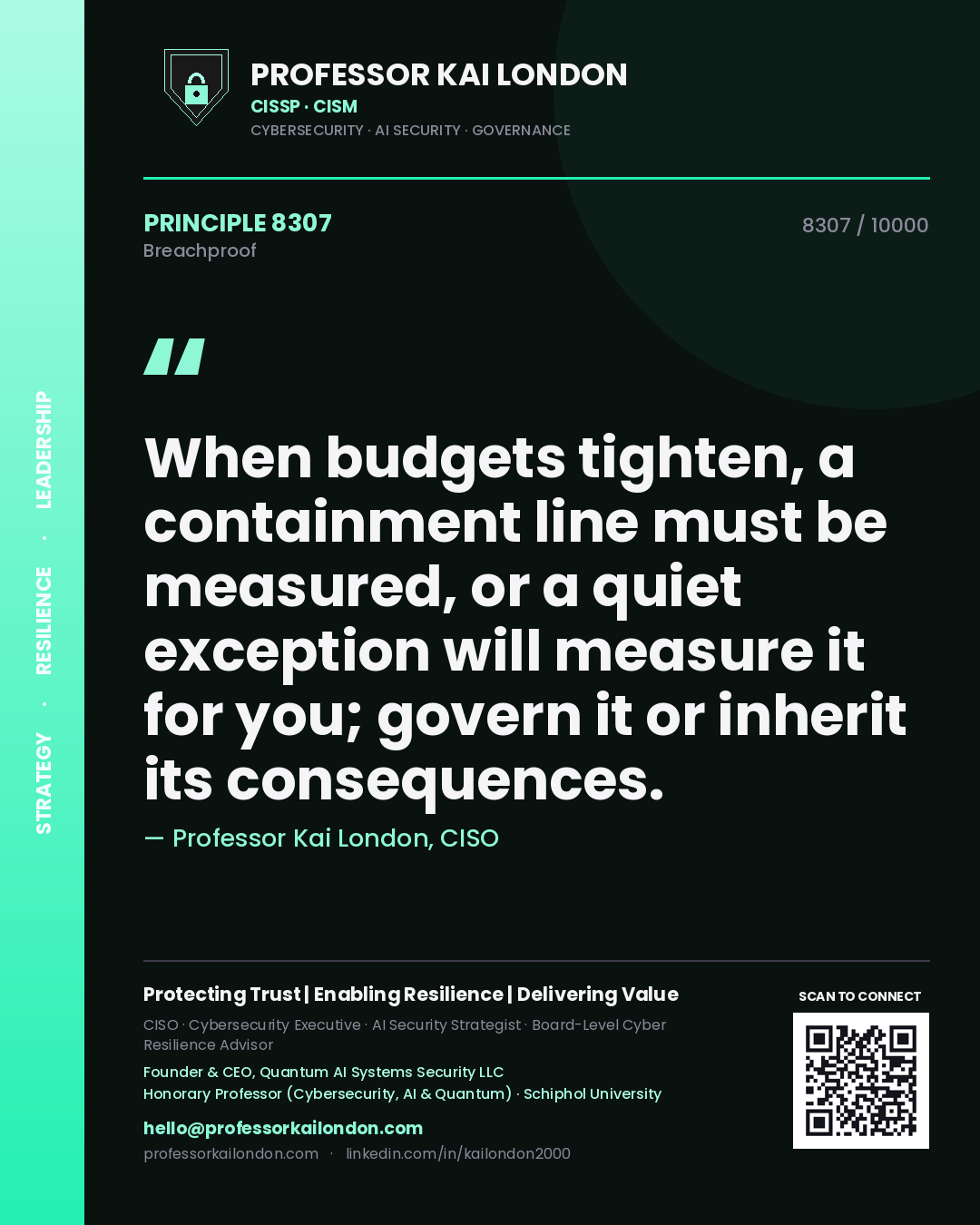 Quote card by Professor Kai London reading 'When budgets tighten, a containment line must be measured, or a quiet exception will measure it for you; govern it or inherit its consequences.'. From the book Breachproof.