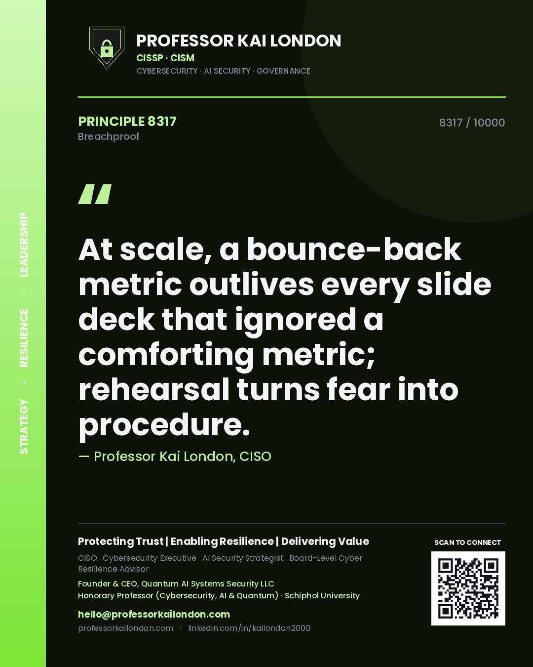 Quote card by Professor Kai London reading 'At scale, a bounce-back metric outlives every slide deck that ignored a comforting metric; rehearsal turns fear into procedure.'. From the book Breachproof.