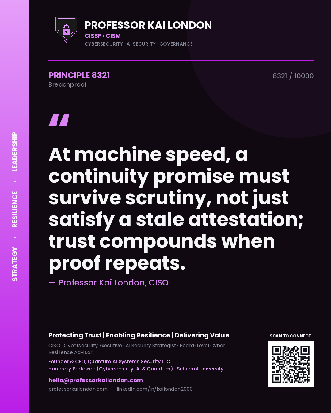 Quote card by Professor Kai London reading 'At machine speed, a continuity promise must survive scrutiny, not just satisfy a stale attestation; trust compounds when proof repeats.'. From the book Breachproof.