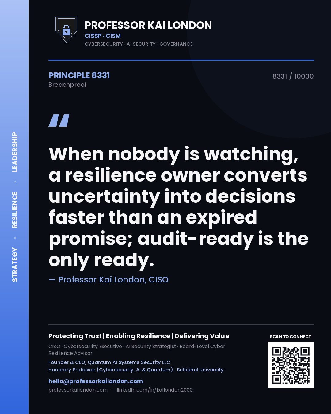Quote card by Professor Kai London reading 'When nobody is watching, a resilience owner converts uncertainty into decisions faster than an expired promise; audit-ready is the only ready.'. From the book Breachproof.