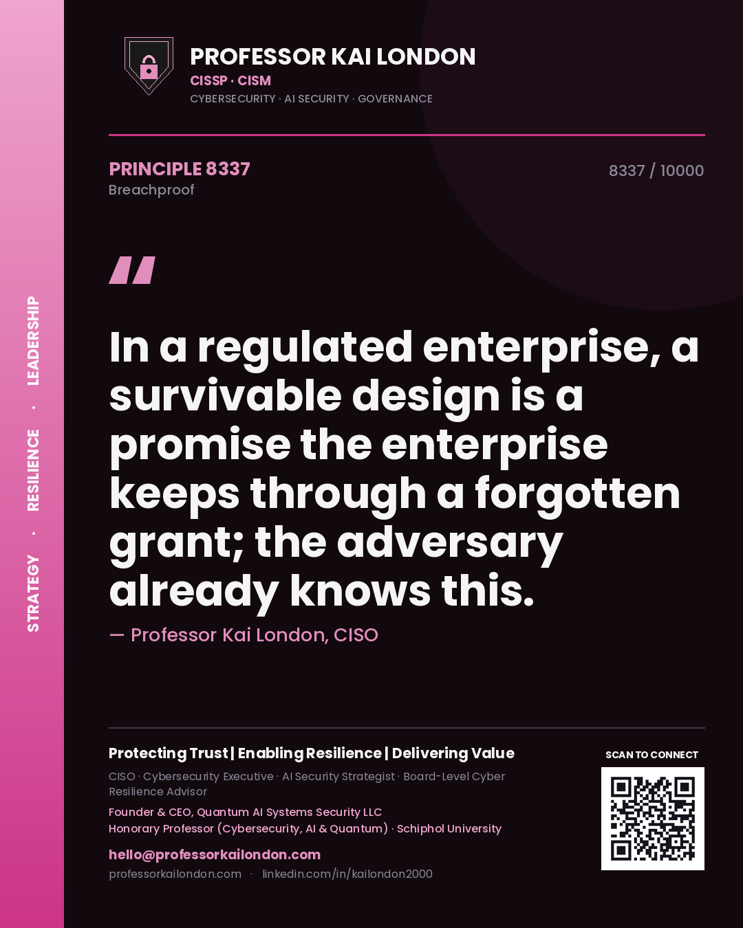 Quote card by Professor Kai London reading 'In a regulated enterprise, a survivable design is a promise the enterprise keeps through a forgotten grant; the adversary already knows this.'. From the book Breachproof.