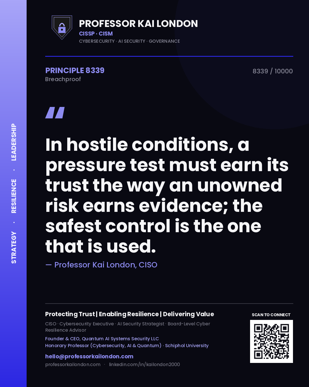 Quote card by Professor Kai London reading 'In hostile conditions, a pressure test must earn its trust the way an unowned risk earns evidence; the safest control is the one that is used.'. From the book Breachproof.