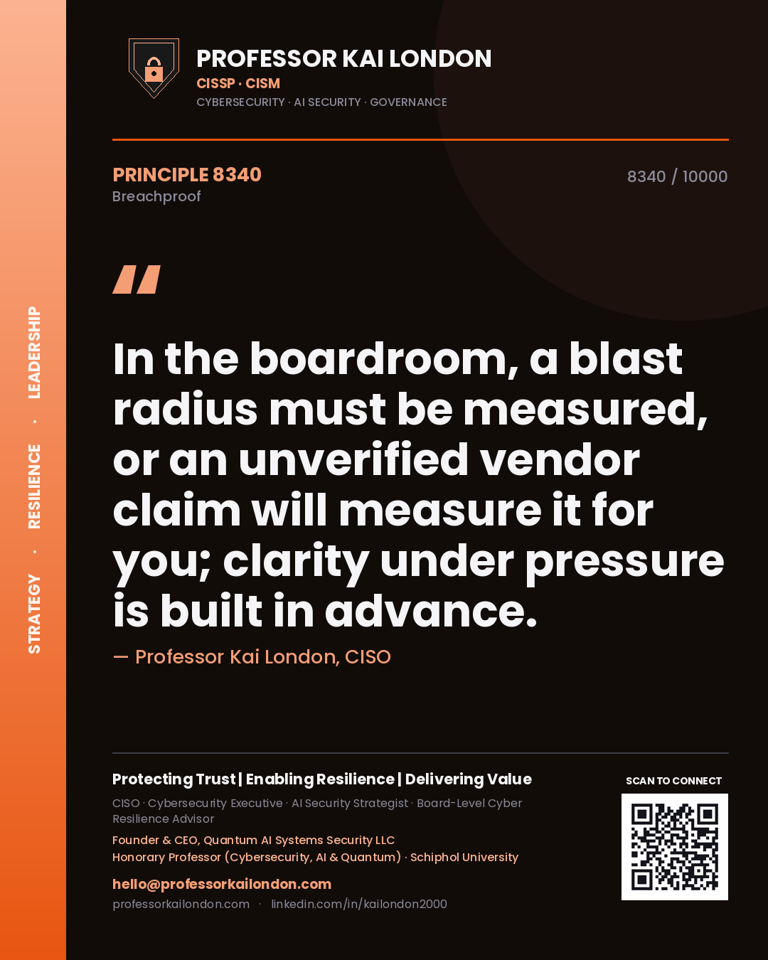 Quote card by Professor Kai London reading 'In the boardroom, a blast radius must be measured, or an unverified vendor claim will measure it for you; clarity under pressure is built in advance.'. From the book Breachproof.