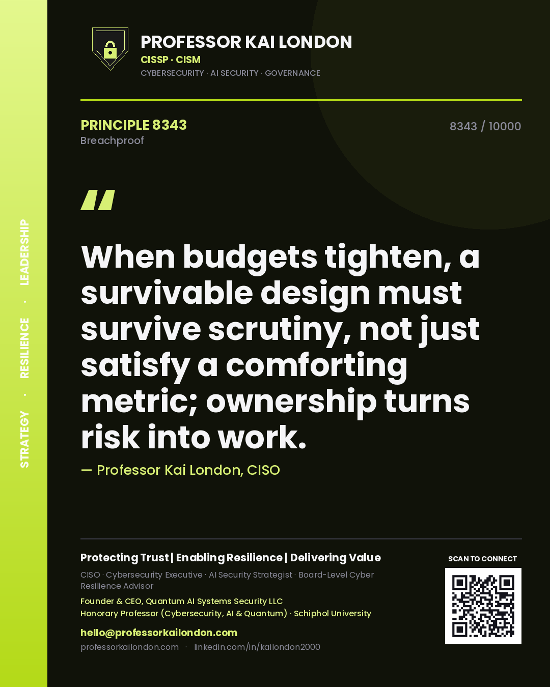 Quote card by Professor Kai London reading 'When budgets tighten, a survivable design must survive scrutiny, not just satisfy a comforting metric; ownership turns risk into work.'. From the book Breachproof.