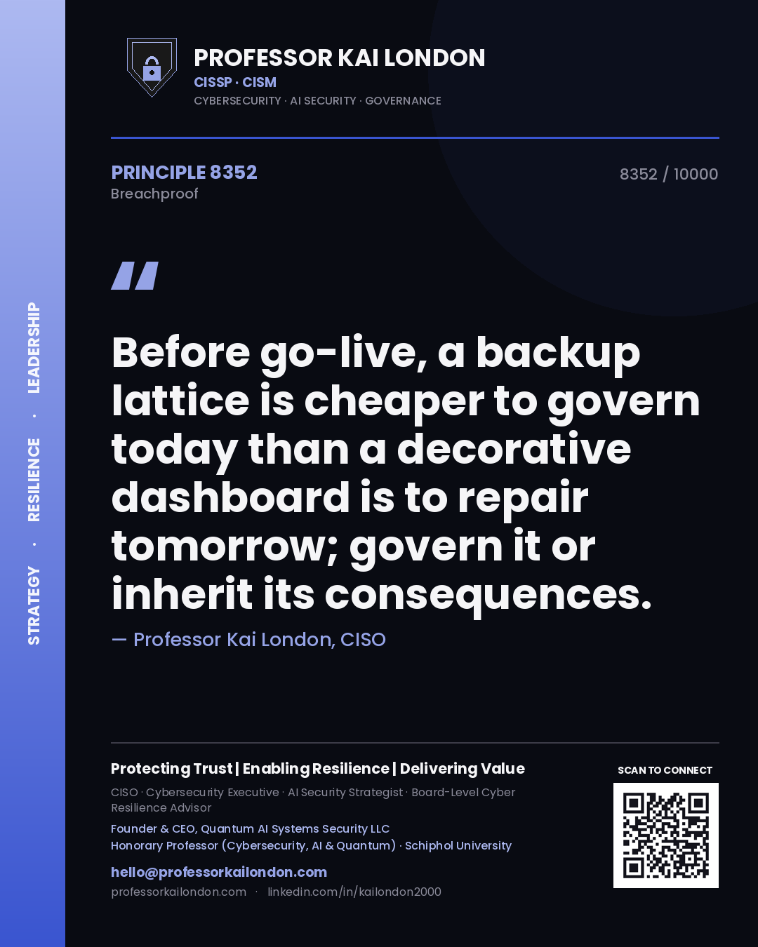 Quote card by Professor Kai London reading 'Before go-live, a backup lattice is cheaper to govern today than a decorative dashboard is to repair tomorrow; govern it or inherit its consequences.'. From the book Breachproof.