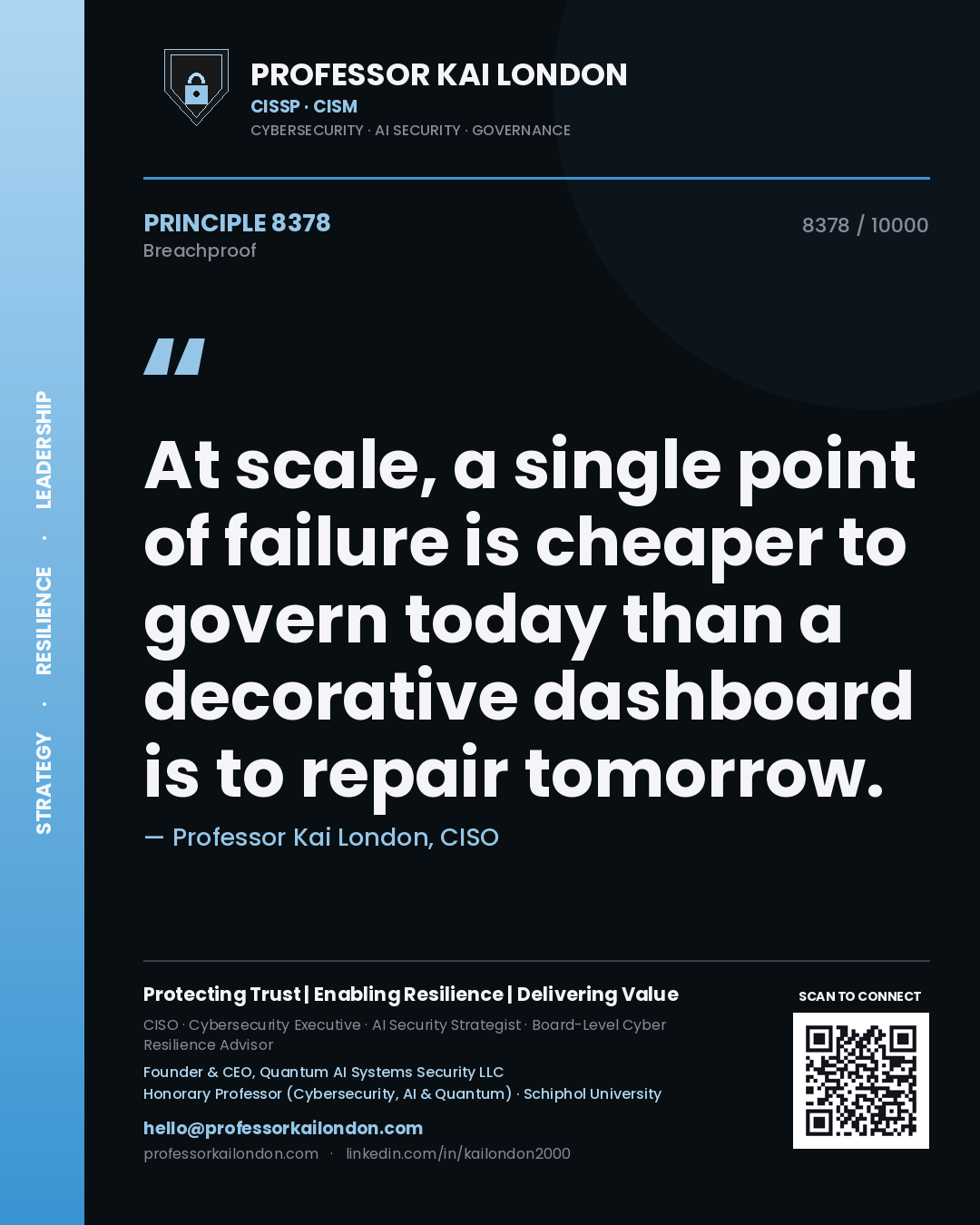 Quote card by Professor Kai London reading 'At scale, a single point of failure is cheaper to govern today than a decorative dashboard is to repair tomorrow.'. From the book Breachproof.
