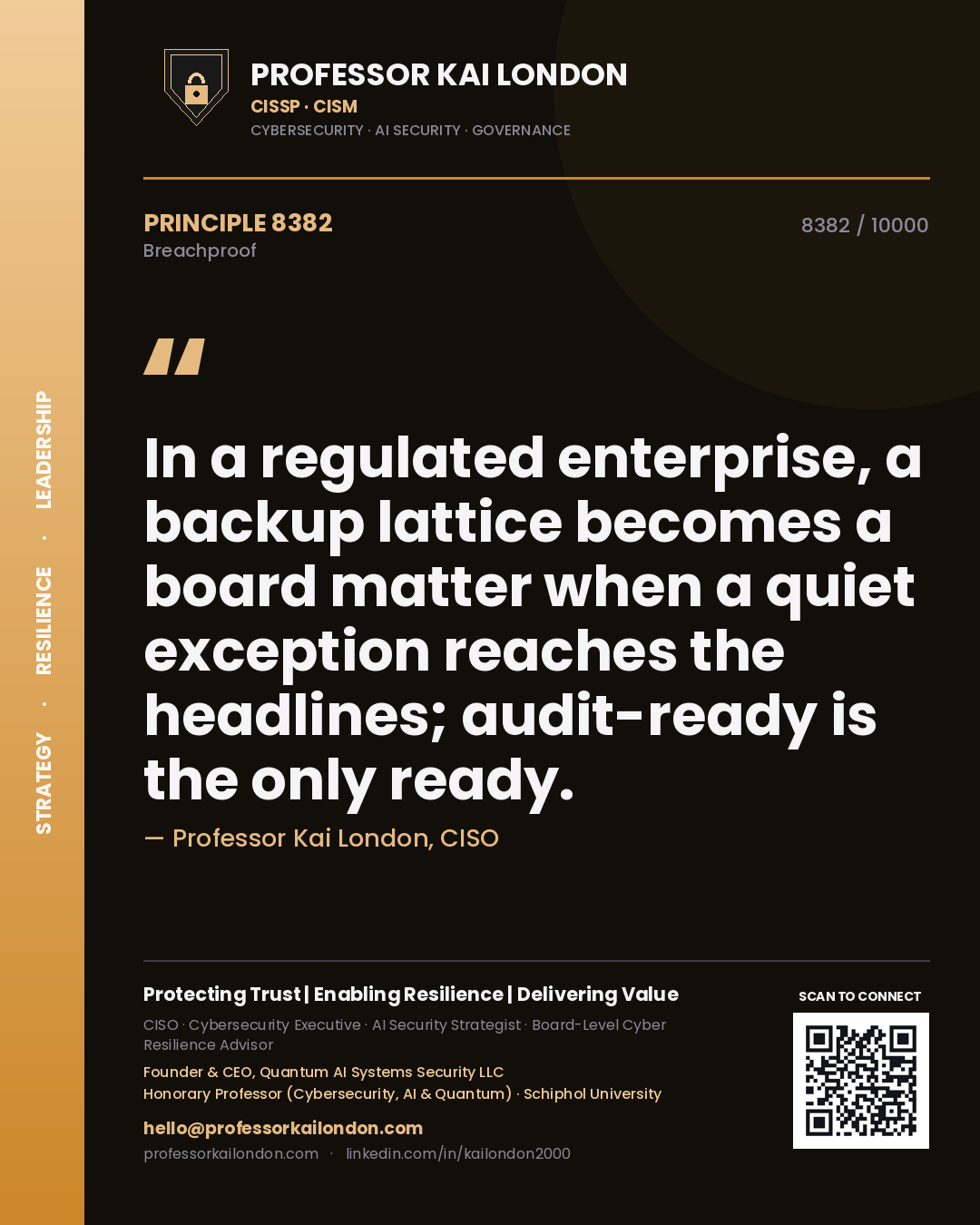 Quote card by Professor Kai London reading 'In a regulated enterprise, a backup lattice becomes a board matter when a quiet exception reaches the headlines; audit-ready is the only ready.'. From the book Breachproof.