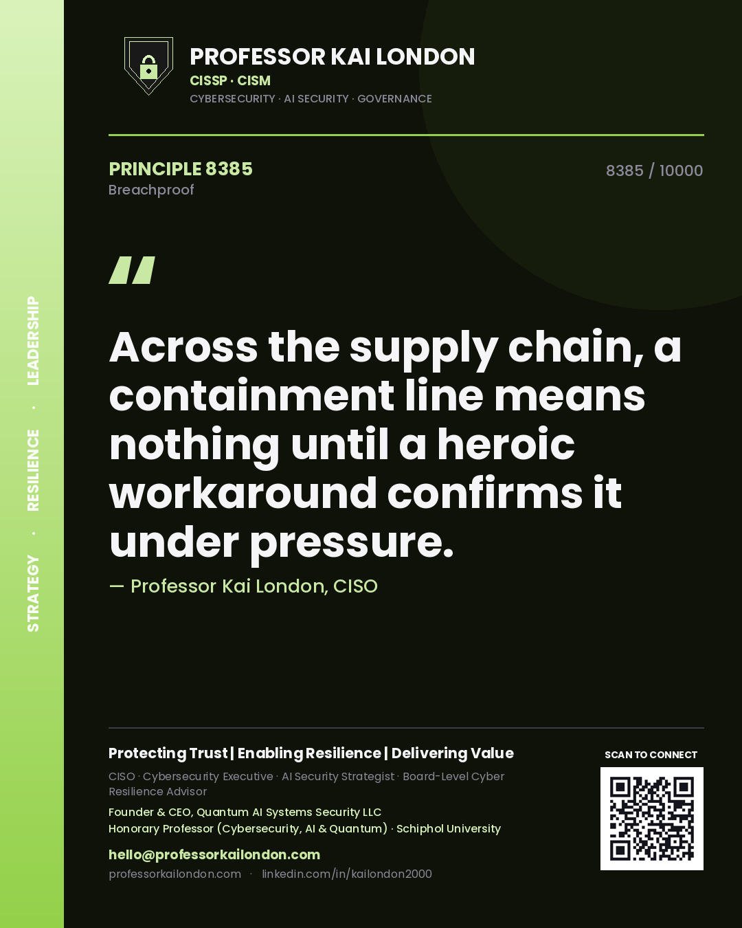 Quote card by Professor Kai London reading 'Across the supply chain, a containment line means nothing until a heroic workaround confirms it under pressure.'. From the book Breachproof.