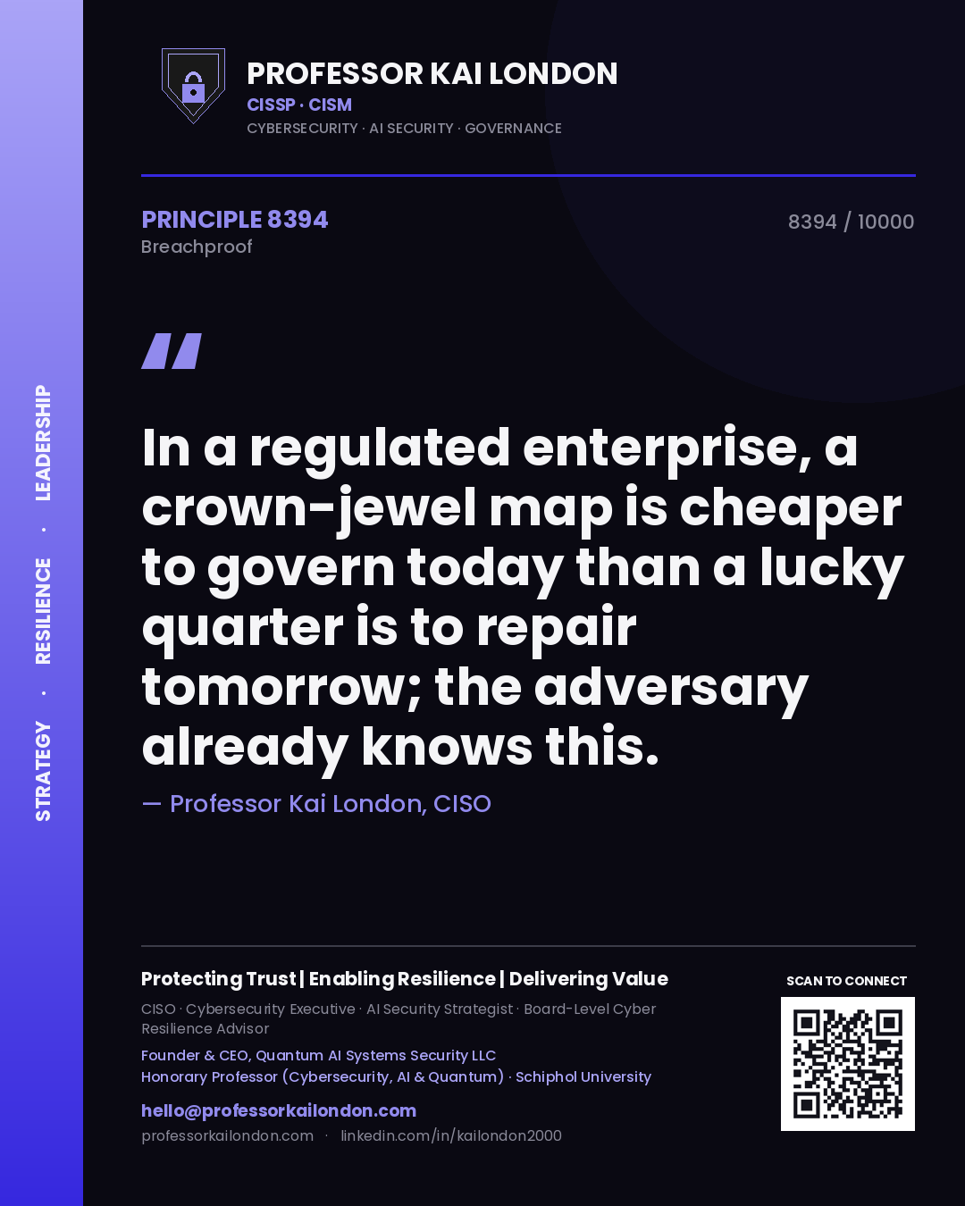 Quote card by Professor Kai London reading 'In a regulated enterprise, a crown-jewel map is cheaper to govern today than a lucky quarter is to repair tomorrow; the adversary already knows this.'. From the book Breachproof.