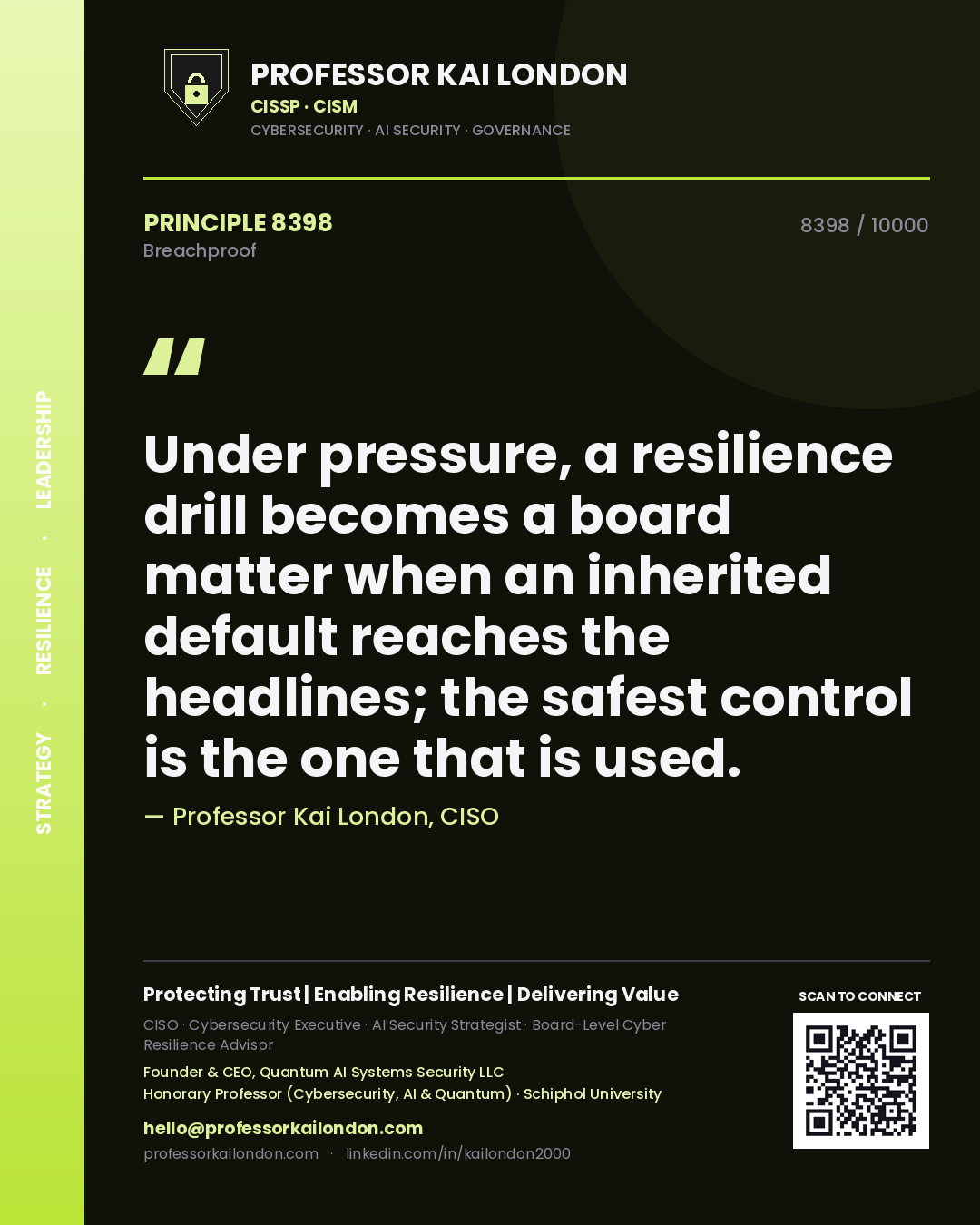 Quote card by Professor Kai London reading 'Under pressure, a resilience drill becomes a board matter when an inherited default reaches the headlines; the safest control is the one that is used.'. From the book Breachproof.