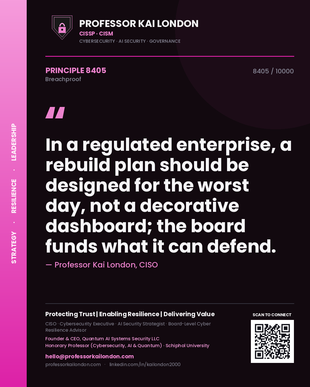 Quote card by Professor Kai London reading 'In a regulated enterprise, a rebuild plan should be designed for the worst day, not a decorative dashboard; the board funds what it can defend.'. From the book Breachproof.
