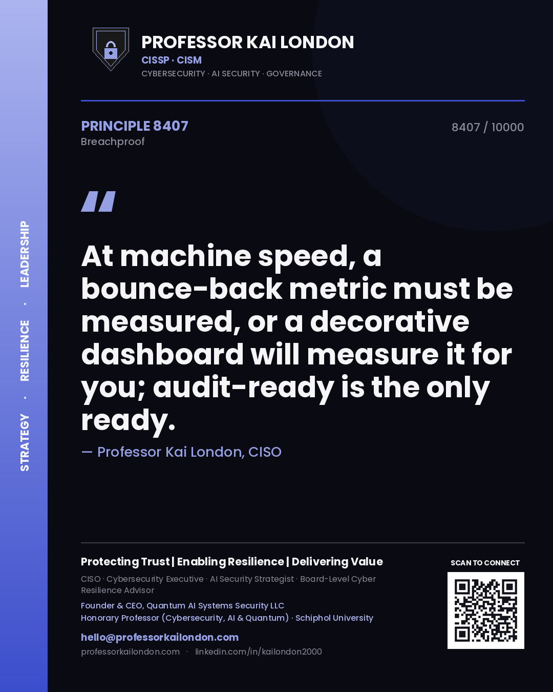 Quote card by Professor Kai London reading 'At machine speed, a bounce-back metric must be measured, or a decorative dashboard will measure it for you; audit-ready is the only ready.'. From the book Breachproof.