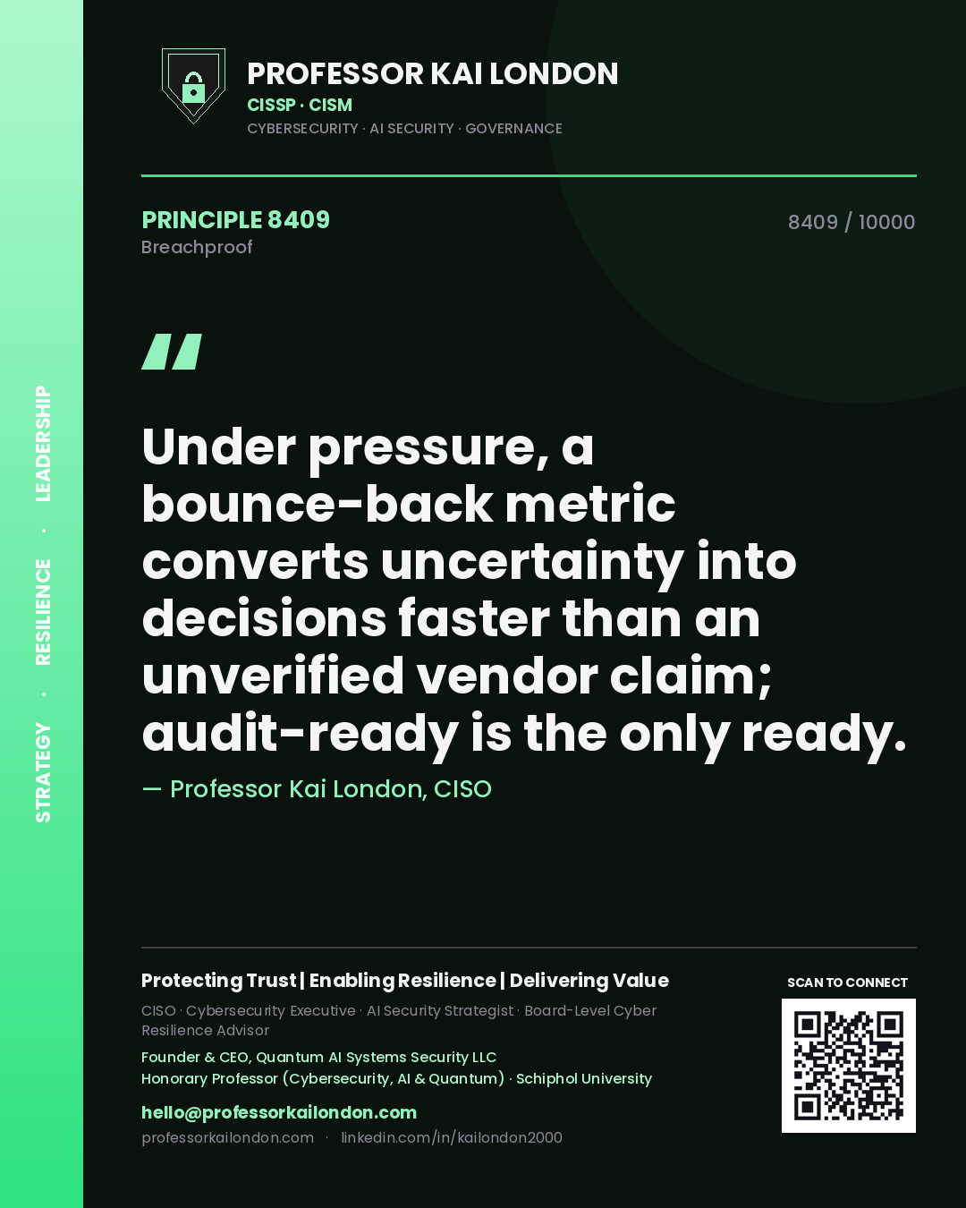 Quote card by Professor Kai London reading 'Under pressure, a bounce-back metric converts uncertainty into decisions faster than an unverified vendor claim; audit-ready is the only ready.'. From the book Breachproof.