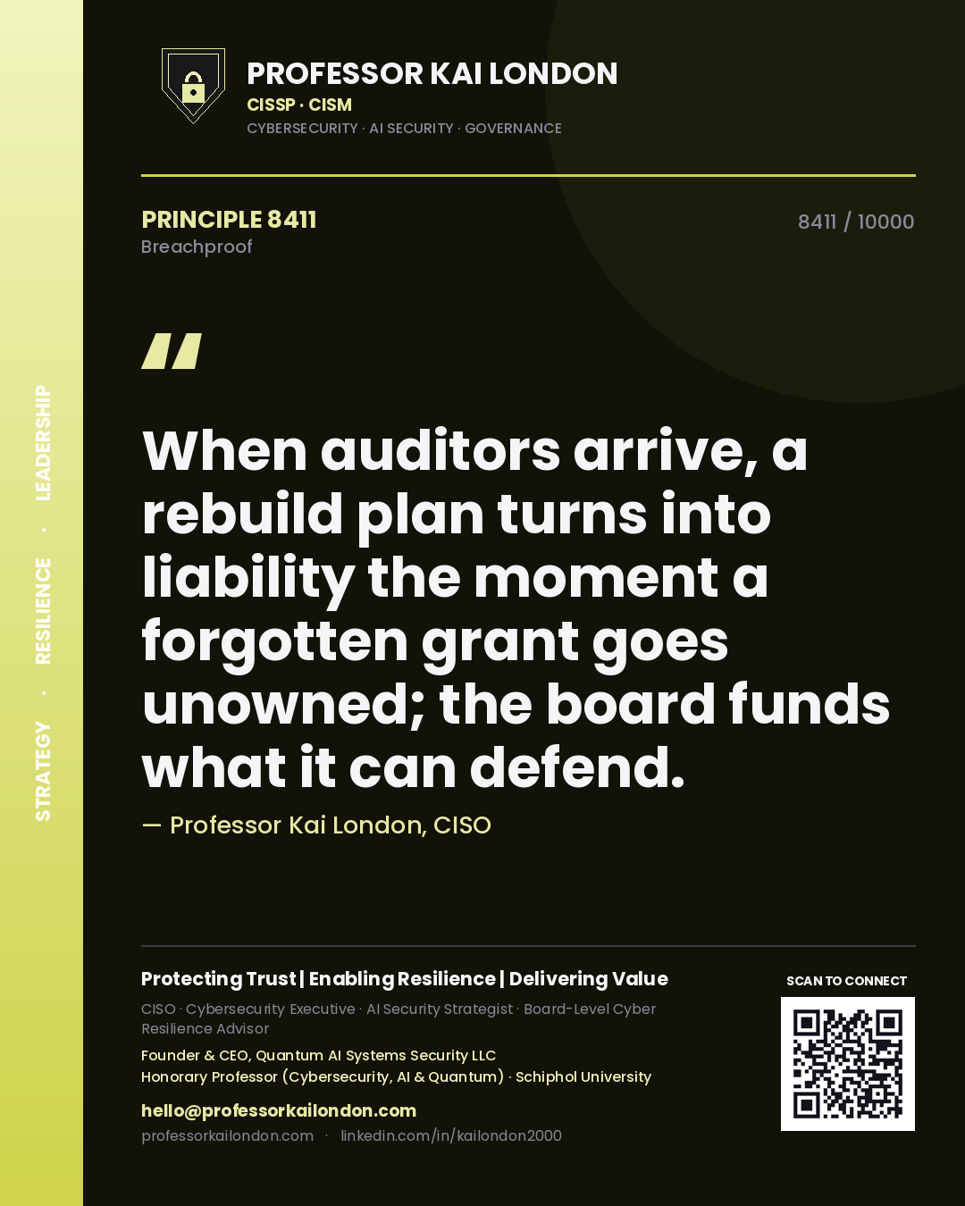 Quote card by Professor Kai London reading 'When auditors arrive, a rebuild plan turns into liability the moment a forgotten grant goes unowned; the board funds what it can defend.'. From the book Breachproof.