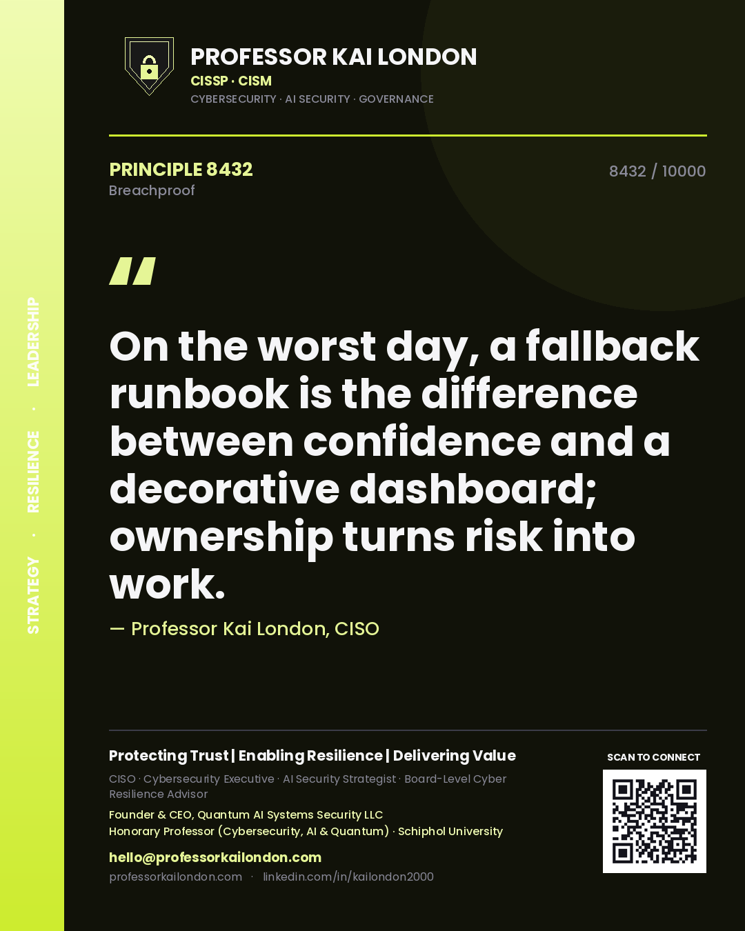 Quote card by Professor Kai London reading 'On the worst day, a fallback runbook is the difference between confidence and a decorative dashboard; ownership turns risk into work.'. From the book Breachproof.