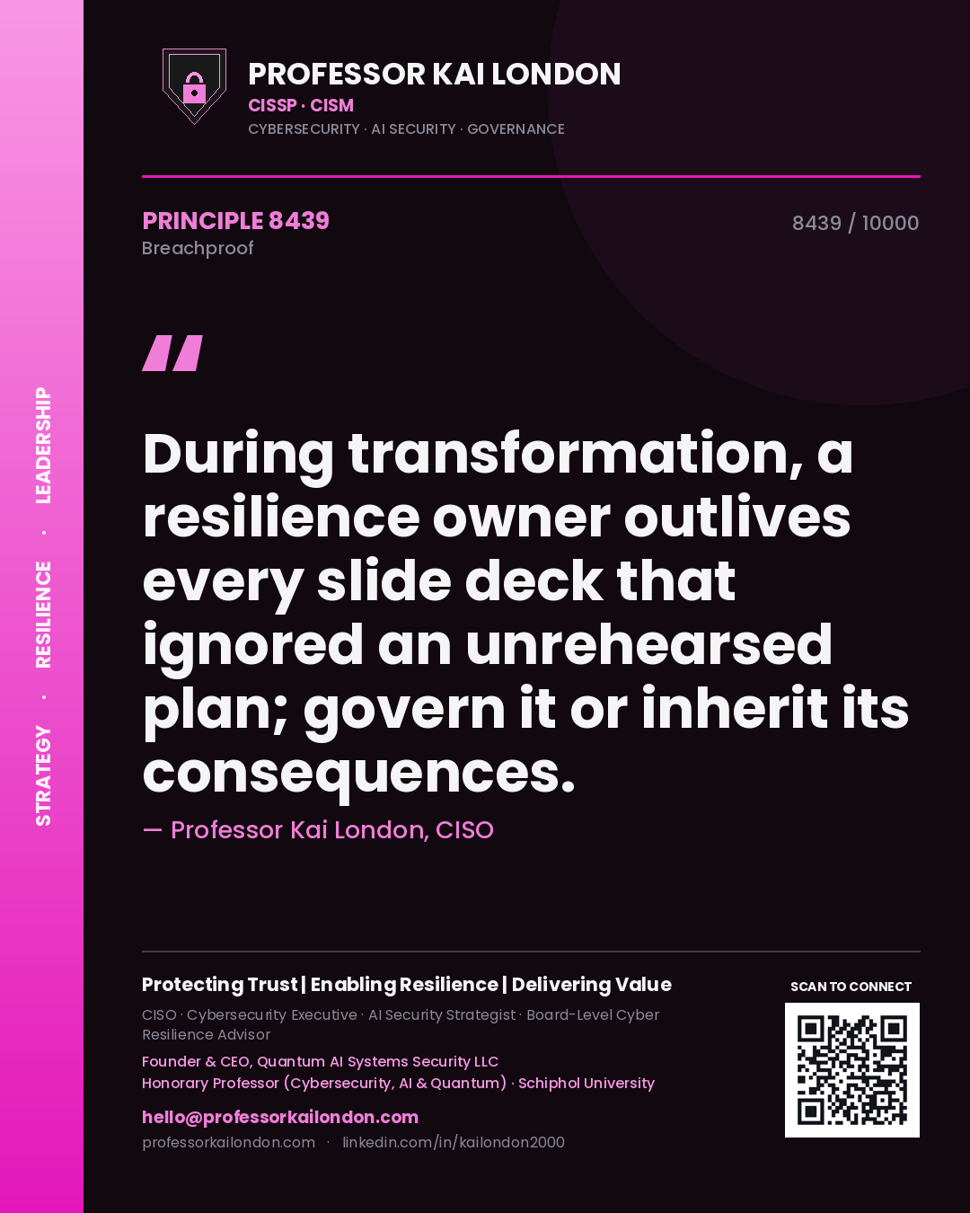 Quote card by Professor Kai London reading 'During transformation, a resilience owner outlives every slide deck that ignored an unrehearsed plan; govern it or inherit its consequences.'. From the book Breachproof.