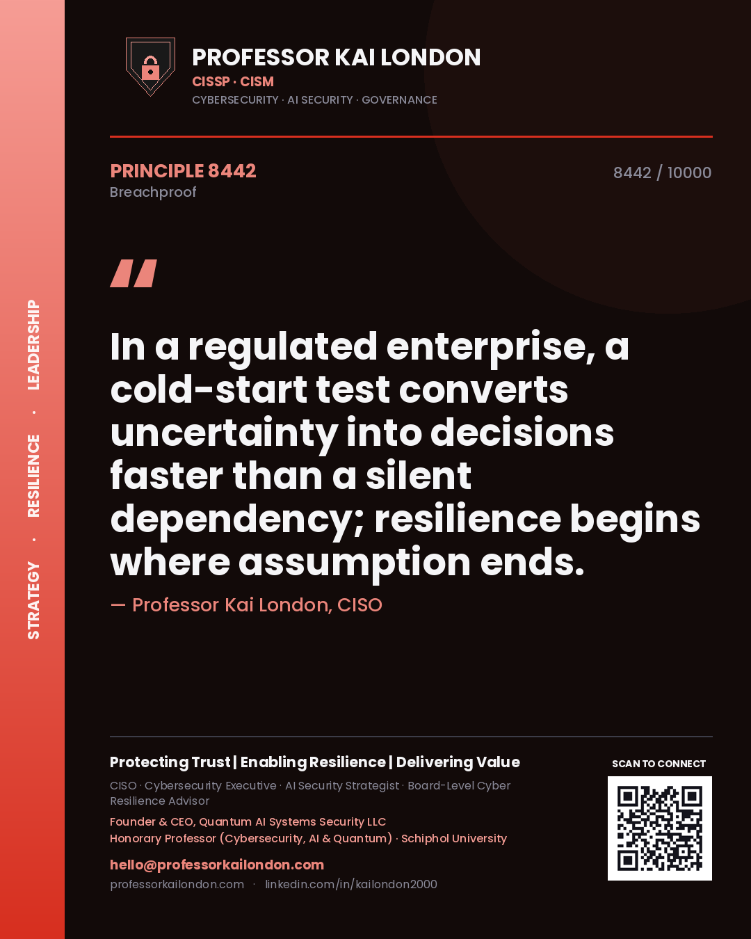 Quote card by Professor Kai London reading 'In a regulated enterprise, a cold-start test converts uncertainty into decisions faster than a silent dependency; resilience begins where assumption ends.'. From the book Breachproof.