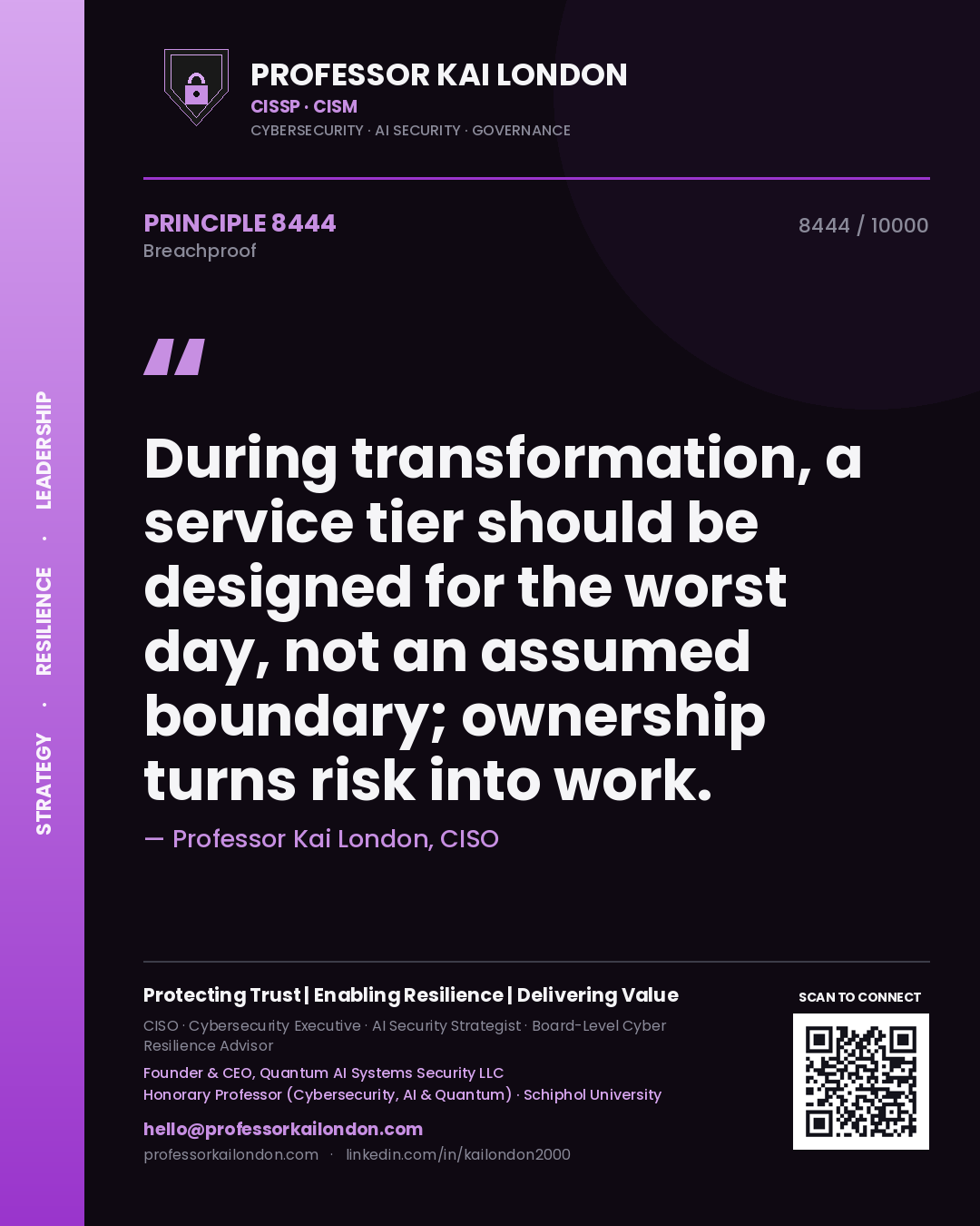 Quote card by Professor Kai London reading 'During transformation, a service tier should be designed for the worst day, not an assumed boundary; ownership turns risk into work.'. From the book Breachproof.