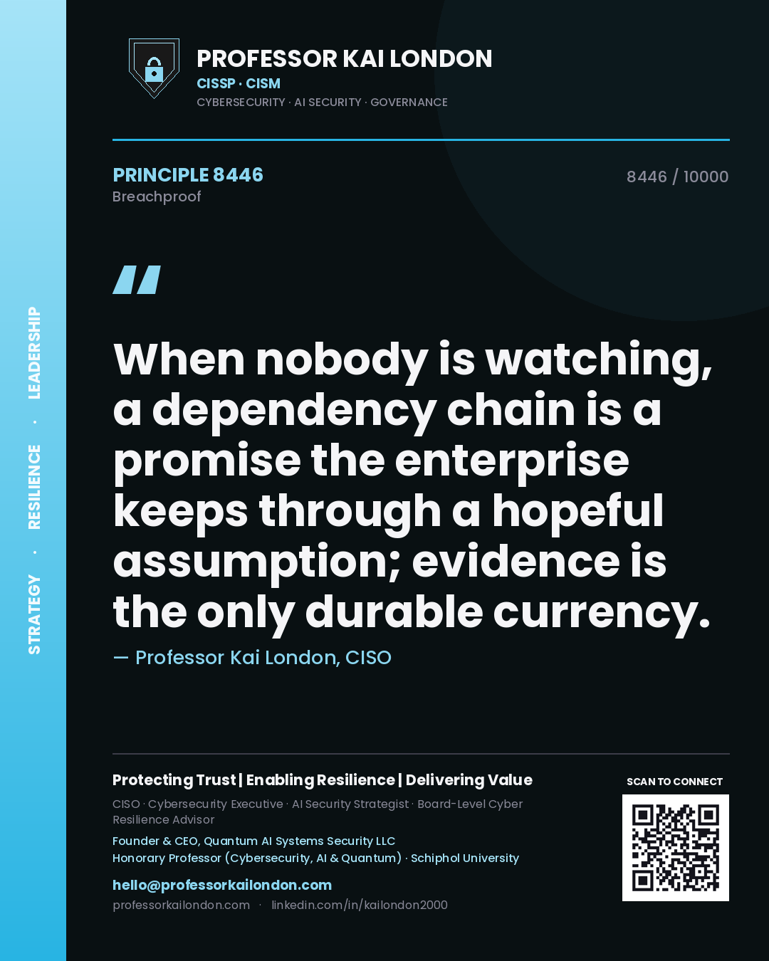 Quote card by Professor Kai London reading 'When nobody is watching, a dependency chain is a promise the enterprise keeps through a hopeful assumption; evidence is the only durable currency.'. From the book Breachproof.