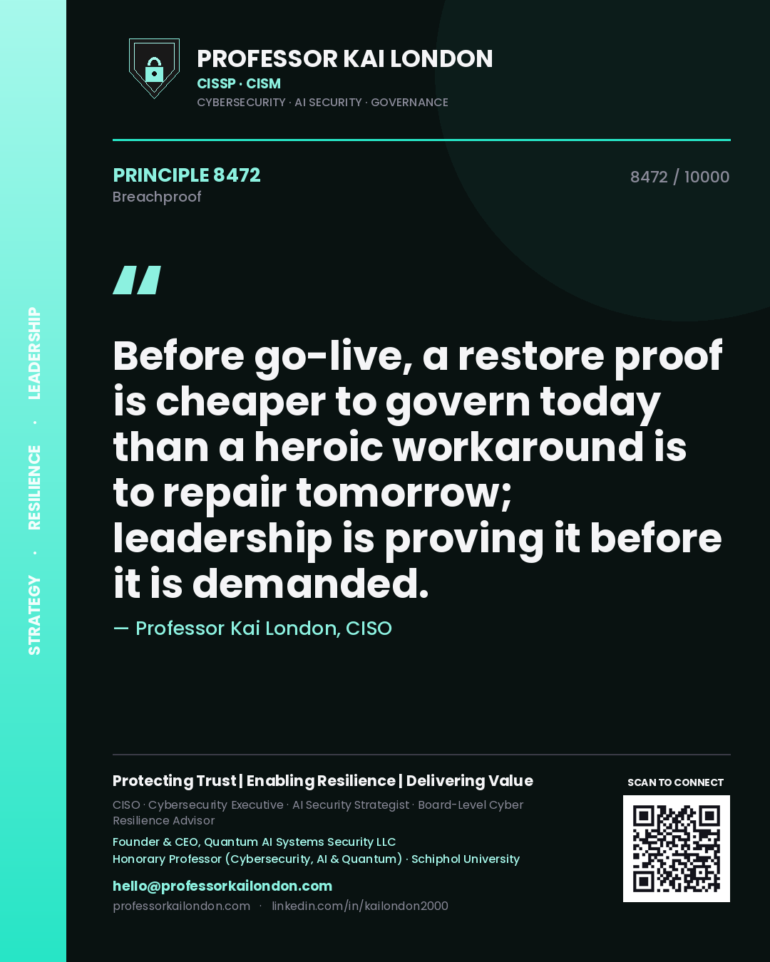 Quote card by Professor Kai London reading 'Before go-live, a restore proof is cheaper to govern today than a heroic workaround is to repair tomorrow; leadership is proving it before it is demanded.'. From the book Breachproof.