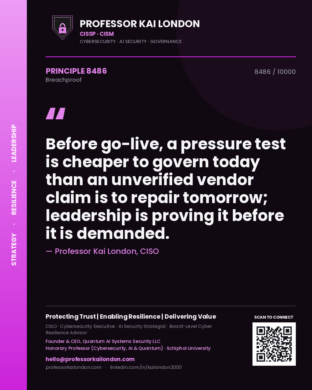 Quote card by Professor Kai London reading 'Before go-live, a pressure test is cheaper to govern today than an unverified vendor claim is to repair tomorrow; leadership is proving it before it is demanded.'. From the book Breachproof.