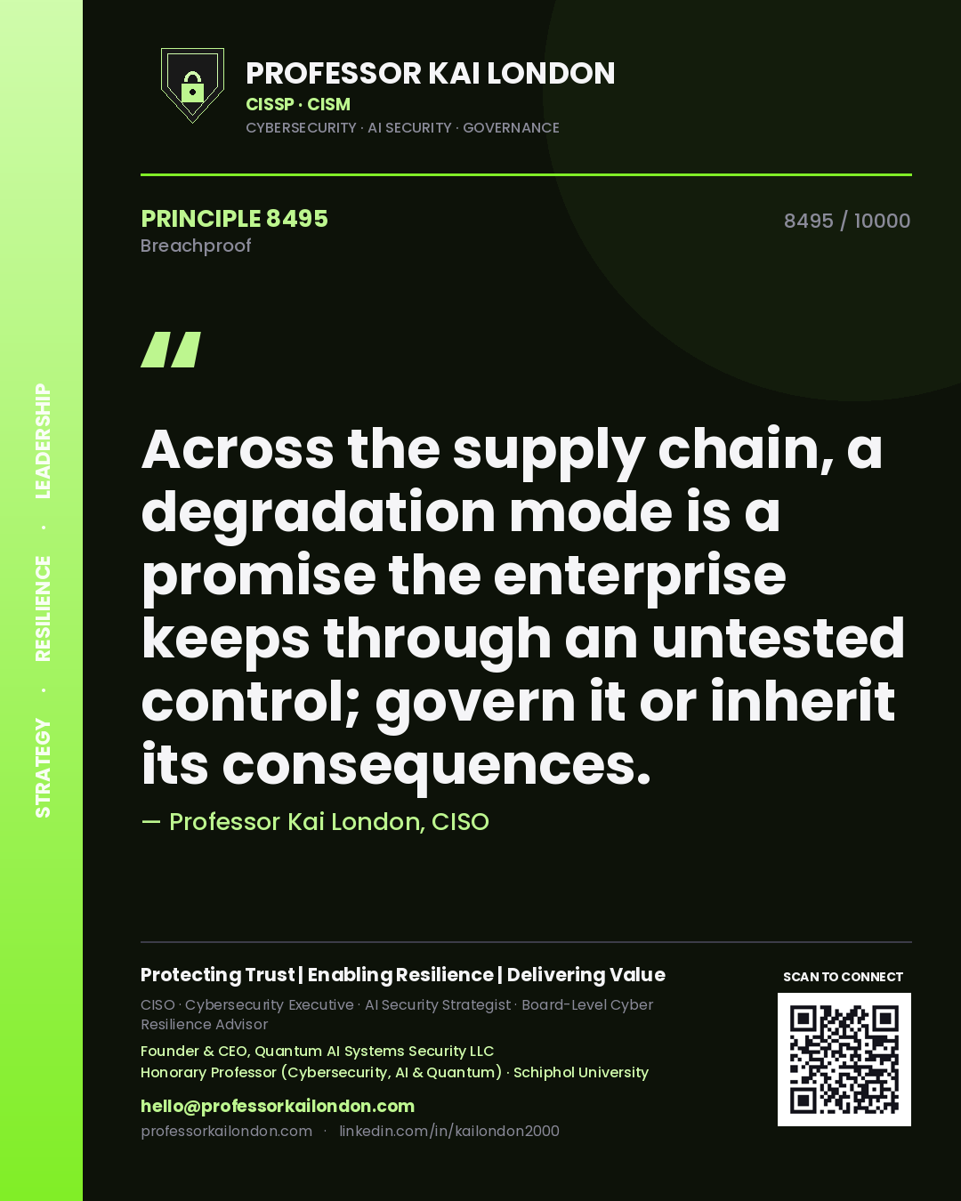 Quote card by Professor Kai London reading 'Across the supply chain, a degradation mode is a promise the enterprise keeps through an untested control; govern it or inherit its consequences.'. From the book Breachproof.