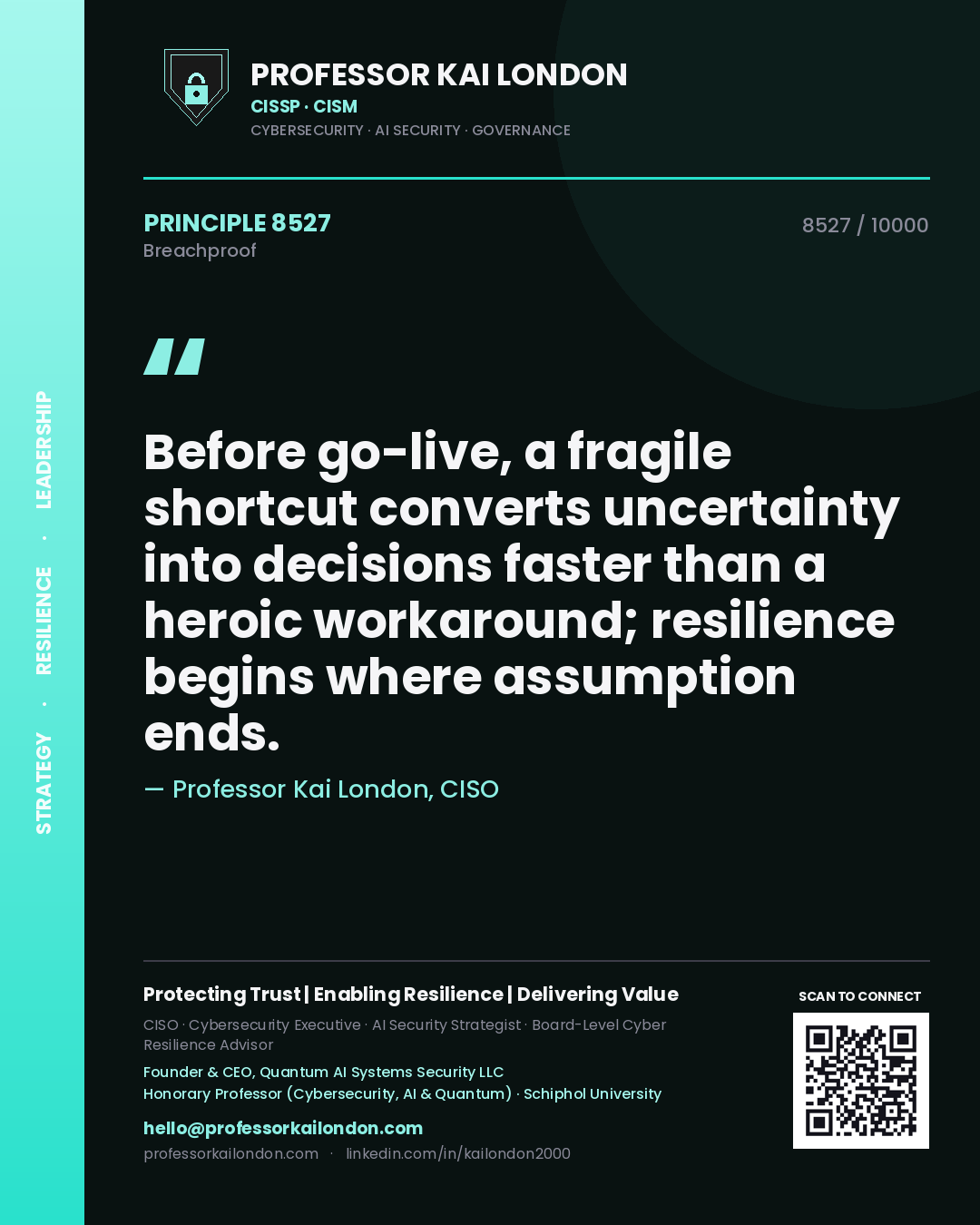 Quote card by Professor Kai London reading 'Before go-live, a fragile shortcut converts uncertainty into decisions faster than a heroic workaround; resilience begins where assumption ends.'. From the book Breachproof.