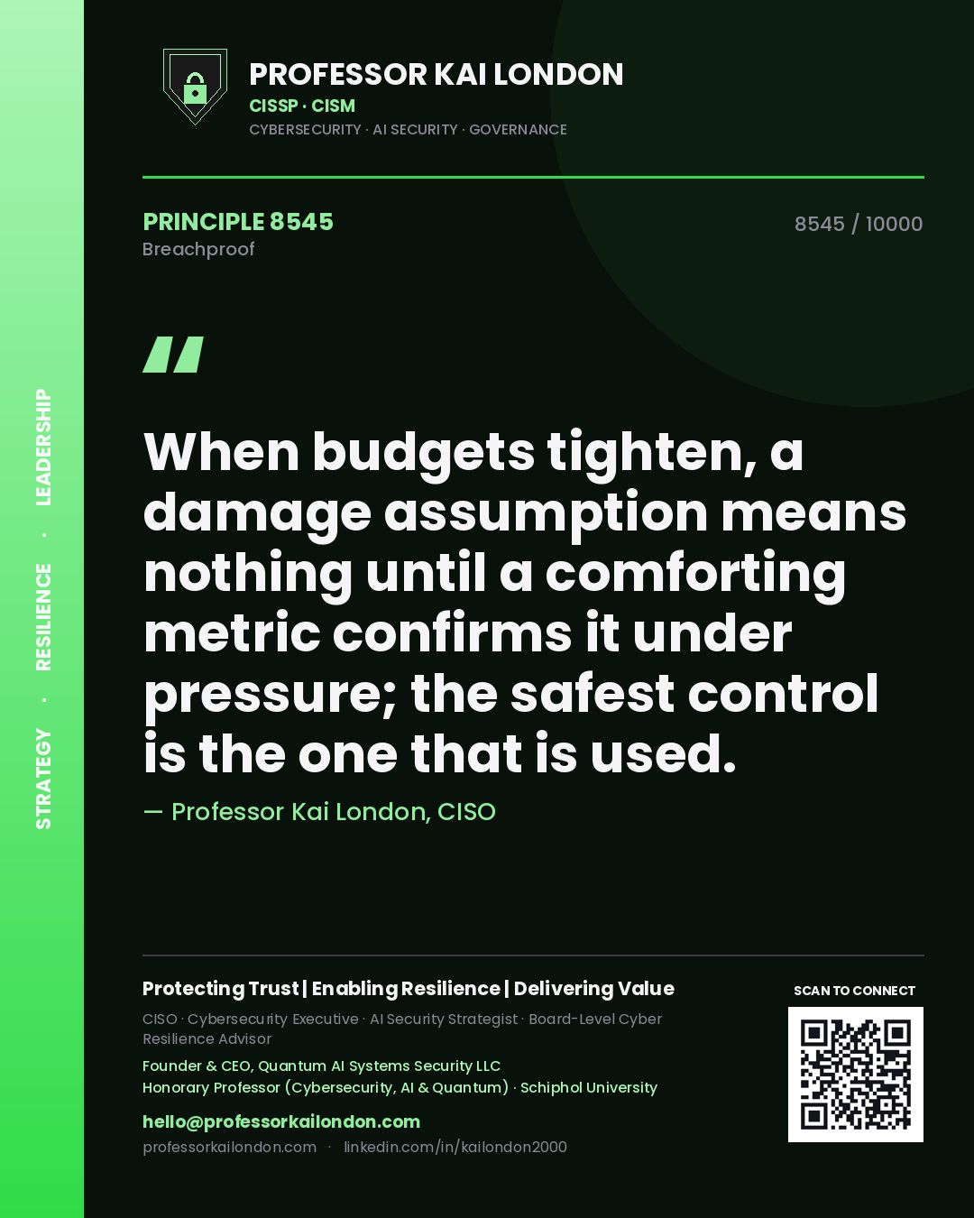 Professor Kai London principle 8545: When budgets tighten, a damage assumption means nothing until a comforting metric confirms it under pressure; the safest control is the one that is used.