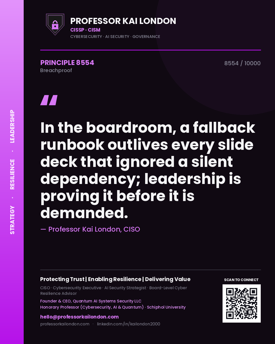Professor Kai London principle 8554: In the boardroom, a fallback runbook outlives every slide deck that ignored a silent dependency; leadership is proving it before it is demanded.